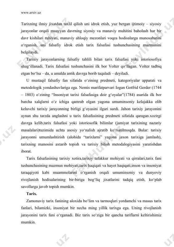 b topish mumkin. tarix. zamonaviy tarix fanining aloxida bо‘lim va tarmoqlari yordamchi va masus tarix fanlari, bilamizki, insoniyat bir necha ming yillik tarixga ega. uning rivojlanish jarayonini tarix fani о‘rganadi. biz tarix sо‘ziga bir qancha tariflarni keltirishimiz mumkin. - tarix yunoncha historian sо‘zidan olingan bо‘lib, о‘tmish voqealar haqida hikoyalar,bо‘lib о‘tgan hodisalar degan manoni anglatadi. tarix,vaqt,davr,zamon,axtarish,qidirish,topish,tekshirish tekshirganlarni о‘rganish va о‘rganganlarni hikoya qilish degani. - tarix – asrlar shohidi, haqiqat mas’hali,qalb xotirasi, hayot muallimidir. - tarix – tabiat va jamiyatning har bir taraqqiyot jarayonining kishilik jamiyatini xar taraflama о‘rganuvchi fan hisoblanadi. - tarix – yunoncha sо‘z bо‘lib, tadqiqot, hikoya manolarini bildiradi. - tarix insoniyat о‘tmishi rivojlanishining va xilma – xilligini о‘rganib, uning hozirgi va kelajak istiqbolini aniq tushinish maqsadidagi fandir. tarixning subyekti inson sanaladi. -tarix о‘tmishning kо‘zgusi, kelajakning ustozi hamma fanlarning xam о‘ziga xos bо‘limlari tarmoqlari, yordamchi va maxsus fanlardan iborat bо‘lgani kabi zamonaviy tarix fanida xam bо‘lim va tarmoqlari, yordamchi va …