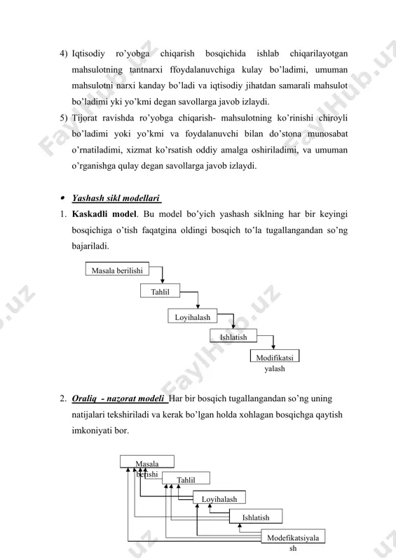 mi va foydalanuvchi bilan do’stona munosabat o’rnatiladimi, xizmat ko’rsatish oddiy amalga oshiriladimi, va umuman o’rganishga qulay dеgan savollarga javob izlaydi. · yashash sikl modellari 1. kaskadli model. bu model bo’yich yashash siklning har bir keyingi bosqichiga o’tish faqatgina oldingi bosqich to’la tugallangandan so’ng bajariladi. 2. oraliq - nazorat modeli har bir bosqich tugallangandan so’ng uning natijalari tekshiriladi va kerak bo’lgan holda xohlagan bosqichga qaytish imkoniyati bor. 3. spiralli model 1.masala berilishi 2.tahlil 3.loyihalash 4.ishlatish shu model bo’yicha dt ning iteratsion shaklida “prototivonie” usuli yordamida ishlab chiqariladi. protip bu alohida funksiyalarni va tashqi interfeyslarni bajaradigan ishlab turgan dasturiy mahsulot. dasturni ishlab chiqish iteratsiyalardan iborat. 4. umumlashtirilgan model 3-tajriba ishi a = место для формулы. c++ tilidagi dasturi: #include #include #include void main() { float a[2][2]={{2,4},{3,5}}, b[2][2];//matritsani kiritish clrscr();//ekranni tozalash for(int i=0; i<2; i++)// sikl kiritish { for(int j=0; j<2; j++)//ichki sikl { b[i][j]=sqrt(a[i][j])-pow(3.5, a[i][j]);//b matritsa hisoblanadi cout<<"b["<<(i+1)<<","<<(j+1)<<"]="<<b[i][j]<< endl;//uni ekranga chiqarish } …