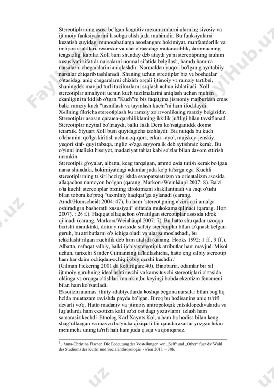 rni turli xil belgilar (jinsi, yoshi, ijtimoiy toifasi, kasbi, millati, etnik kelib chiqishi, tili va boshqalar) asosida turli xil qatlamlarga ajratamiz" (markom/weinhäupl 2007: 7) va bizning koʻz oʻngimizda ularning tashqi koʻrinishi gavdalanadi. bu shaxsning "kimligi" nomoyon boʻladi.( hall 1997: 257). biroq, picker (2001: 2 f., 28 f.) bu kategoriyalarning ahamiyatini bo'rttirib ko'rsatmaslik va ularni fikrning elementar tuzilmalari deb hisoblash noto'g'ri degan fikrda: «shunchaki bu bizning fikrlash tarzimizning faqat bir xususiyatidir” (28- bet). shuningdek, u bu toifalar qat'iy emas, balki juda moslashuvchan ekanligini ta'kidlaydi. binobarin, xoll kabi, u ham bir-biridan farqlash uchun ular o'rtasida axborotni , zarur toifa va stereotiplarni qayta ishlash zarurligini ta'kidlaydi. xoll (1997: 245, 258) stereotiplarni odamlarni bir nechta xususiyatlarga qisqartirish, ularni bo'rttirish, soddalashtirish va abadiy tuzatish amaliyoti sifatida tasvirlaydi, ular madaniyligi sababli o'zgaruvchan emas, balki "tabiiy" deb ta'riflaydi. shuning uchun farqni kamaytirish, zaruriylashtirish, naturalizatsiya va aniqlash sifatida tavsiflanadi. stereotiplarning asosi bo'lgan kognitiv mexanizmlarni ularning siyosiy va ijtimoiy …