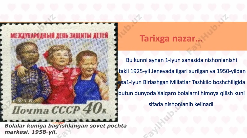 sil qilish maqsadida mehnat qilishga jalb etilishi bor gap. biroq har qanday holatda ham ota-onalar voyaga yetmagan bolani ishlatish noqonuniy ekanini tushunib yetishi lozim. bu borada bola huquqlari konvensiyasining 32-moddasida shunday deyiladi: “har bir bola salomatligiga xavf soladiga yoki ta’lim olishiga xalal beradigan, yoki jismoniy, aqliy, ruhiy va ijtimoiy rivojla­nishiga zarar yetkazadigan istalgan ishni bajarishdan himoyalanadi”. 1-iyun – xalqaro bolalarni himoya qilish kuni dunyoni bir kunga bolalarga beraylik! aslida o‘sib kelayotgan yosh avlodni himoya qilish zamirida hayotni, uning davomiyligini asrab-avaylash mohiyati yotadi. ular to‘g‘risidagi har qanday g‘amxo‘rlik esa yurt ravnaqi uchun qo‘yilayotgan mustahkam poydevor demakdir. donishmandlardan biri “millatning kelajagini bolalariga qarab anglash mumkin”, degan edi. bugun ertamiz egalariga ko‘rsatilayotgan e’tibor kelajakda ularning vataniga sadoqatli, jismonan va ma’nan barkamol bo‘lib etishishida muhim omil hisoblanadi. 1-iyun xalqaro bolalarni himoya qilish kuni mazkur sananing asosiy mohiyatlaridan yana biri uning bayrog’ida ham o’z ifodasini topgan. unda yer shari barchamizning umumiy uyimiz hisoblansa, atrofidagi bolalar …