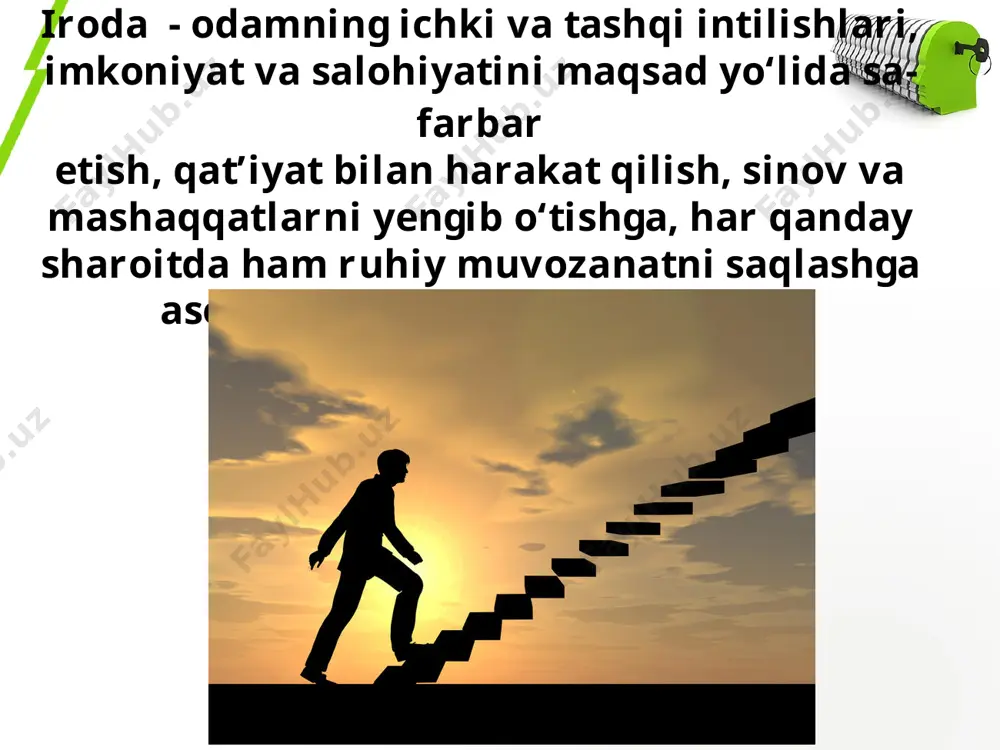 sizning fuqarolik burchingiz nimalardan iborat? 2. agar so‘zingizga biroz yolg‘on qo‘shilsa, bu irodangizga qanday ta’sir qiladi? 3. sabr-qanoat kabi tushunchalarning iroda bilan qanday bog‘liqligi bor? 4. irodasi mustahkam insonlarning ibratli hayot yo‘llari haqida hikoyalar to‘plang. image1.jpg image2.jpg image4.jpg image5.jpeg image6.jpeg image7.jpeg image8.jpeg image9.jpeg image10.jpeg image11.jpeg image12.jpeg image13.jpeg image14.jpeg image15.jpeg image16.jpeg image17.jpeg