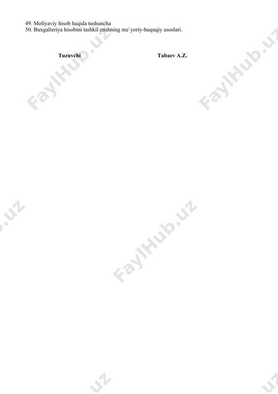 idan xodimlarga bo`lgan qarzlarning hisobi. tovar-moddiy zaxiralarning turkumlanishi va uni hisobining vazifalari tovar-moddiy zahiralarni hisobga olish va boshqarish. material va xom ashyolarni turkumlarga ajratish va materiallarni baholash. material va xom ashyolarni o`rtacha bahoda fifo, lifo va aveko usullarida baholab sarflash hisobi. materiallarni omborda va buxgalteriyada hisobga olish. materiallarni sarflash hisobi. nomoddiy aktivlar to`g`risida tushuncha. nomoddiy aktivlarning turkumlanishi va baholanishi. nomoddiy aktivlarga imortizatsiya ajratmasi va hisobdan chiqarilishining hisobi. nomoddiy aktivlarni sintetik hisobi. nomoddiy aktivlarning turkumlanishi va ularni hisobga olishning vazifalari. xo`jalik hisobi to`g`risida umumiy tushuncha va unga qo`yiladigan talablar. xo`jalik hisobining turlari, hisobda qo`llaniladigan o`lchov birliklari. buxgalteriya hisobi sub`ektlari va ob`ektlari. buxgalteriya hisobining maqsadi va vazifalari. moliyaviy hisob haqida tushuncha buxgalteriya hisobini tashkil etishning me`yoriy-huquqiy asoslari. tuzuvchi tabaev a.z. “tasdiqlayman” “bha” kafedrasi mudiri ____________ m.temirxanova “___” __________ 2024 yil «buxgalteriya hisobi va audit» ta`lim yo`nalishri ii-bosqich talabalari uchun 5-semestr «moliyaviy hisob va hisobot» fanidan yakuniy nazorat 1-variant asosiy vositalar eskirishini hisobi. …