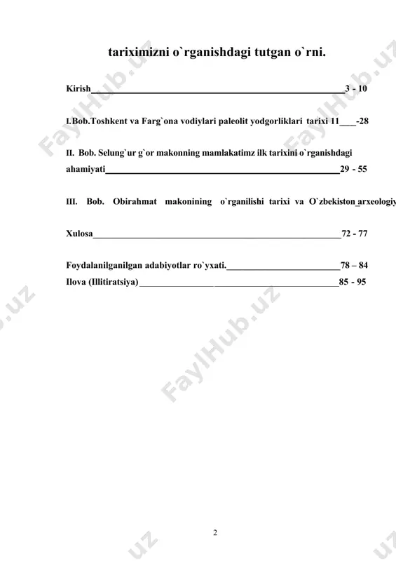ndan bir necha yuz ming yil mukaddam ibtidoiy odamni o’ziga jalb etdi. bu yerdagi paleolit davri yodgorliklari nafakat toshkent mintaqasi yoki markaziy osiyo, balki butun evroosiyoning antropogenez tarixi hamda paleolit davri madaniyatlarining rivojlanishini o’zida aks ettiradi. toshkent vohasi xududida kuyi bronza, ilk temir, antik davr va o’rta asrlarga oid sakkiz yuzdan ziyod yodgorlik mavjud. quyi bronza davrida voha hududida «andronov madaniy jamoasi» chorvador kabilalari joylashib olgan. miloddan avvalgi ikkinchi ming yillikning oxirlariga kelib, bu yerda burg’uluk dexqonchilik madaniyati vujudga keldi. ilk temir asrining quyi boskichida - arxaik davrda, toshkent vohasida antik davr mualliflarining ma`lumotlariga ko’ra, iskandar zulqarnayn yurishi davrida davlat tuzilmasiga birlashgan sak kabilalari joylashgan. bu davr shaharlashish jarayonining rivojlana boshlashi bilan xaraktyerlanadi - «kal`alar» vujudga kela boshlaydi va ilk shaharlar shakllanadi. miloddan avvalgi birinchi ming yillik oxirlarida toshkent voxasi xududi qudratli kang’ konfedyerativ davlati tarkibiga kiradi va uning poytaxt mintaqasi bo’lib qoladi. kang’ davlatining gullab-yashnashi miloddan oldingi ii asr …