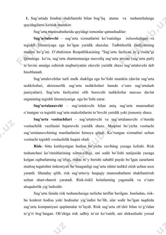 atlarning yagonalik va o’zaro aloqadorlik yig’indisidir. sug’urta fanida risk tushunchasiga turlicha tariflar berilgan. jumladan, risk-bu konkret hodisa yoki hodisalar yig’indisi bo’lib, ular sodir bo’lgan taqdirda sug’urta kompaniyasi qoplamalar to’laydi. risk sug’urta ob’ekti bilan to’g’ridan to’g’ri bog’langan. ob’ektga risk salbiy ta’sir ko’rsatib, uni shikastlashi yoxud nobud qilishi mumkin. shu tufayli risk - bu yagona tasodifiy hodisa bo’lib, uning ro’y berishi inson ongiga yoki irodasiga bog’liq emas. sug’urta risklarining ro’yxati sug’urtalovchining sug’urta javobgarligi hajmini tashkil etadi. risk bahosining puldagi ifodasi sug’urta tarif stavkasini tashkil etadi; sug’urta ob’ekti; sug’urta javobgarligining turi. tibbiy sug’urta- aholi sog’ligini himoya qilish vositalaridan biri. sug’urta hodisasi ro’y berishi munosabati bilan, sug’urta polisi orqali bepul tibbiy xizmat ko’rsatilishi. tibbiy xizmat ko’rsatish bilan bog’liq xarajatlarni sug’urta kompaniyasi to’laydi. tibbiy sug’urta majburiy yoki ixtiyoriy bo’ladi. mulkiy sug’urta - turli ko’rinishdagi mol-mulklarni saqlash bilan bog’liq manfaatlar sug’urta munosabatlarining ob’ekti hisoblangan, sug’urtaning mustaqil tarmog’i. sug’urtalanuvchining shaxsiy mulki, uning qaramog’ida joylashgan mol-mulklar sug’urtalanishi mumkin. …
