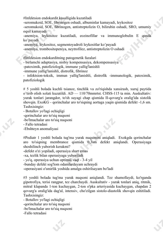 xoreya -vegetodistoniya -turetto sindromi -migren #dag’al nafasda cho’zilgan nafas chiqarish va quruq hushtaksimon xirillashlar nimadan darak beradi ? -o’pka toqimasini zichlashishi -pnevmotoraks -bronx yallig’lanishi - bronxoobstruksiya -gidrotoraks #shifoxonadan tashqari pnevmoniyani tipik qo’zg’atuvchisi nima hisoblanadi ? -klebsiella spp -haemophilius influenza -enterobacteriaceae -esherichia coli - s. pneumoniae #ba bilan kasallangan bemorlarda yallig’lanish jadalligini baholashda, quyidagilardan tashqari nima kiradi ? -balg’amni sitologik tekshiruvi -bronxoalveolar lavaj -bronxlar shilliq qavatidan biopsiya olish - spirografik tekshiruv -tentgen #bronxial astmani og’irlik darajasini baholashda quyidagilardan qaysilari yordam beradi ? - ko’krak qafsi organlarini rentgenografiyasi -klinik qon tahlili - jadal nafas chiqarish hajmini darajasini o’zgarishi -balg’am analizi -allergotest #inspirator xansirash kuzatiladi -alveolit -bronxial astma -bronxial obstruktiv sindrom -o’tkir bronxit -o’tkir zotiljam #ba va xobl ni taqqoslama tashxisotida qanday instrumental tekshiruv ahamiyatli hisoblanadi ? - o’pkalarni diffuz hususiyatlari -rentgenogramma - spirogramma -utt -kt ko’krak qafasi #ba va xobl dagi bronxoobstruksiyani qanday ko’rsatkichlarga asoslanib qiyosiy tashhisot o’tkazish mumkin ? -balg’am sitologiyasi …