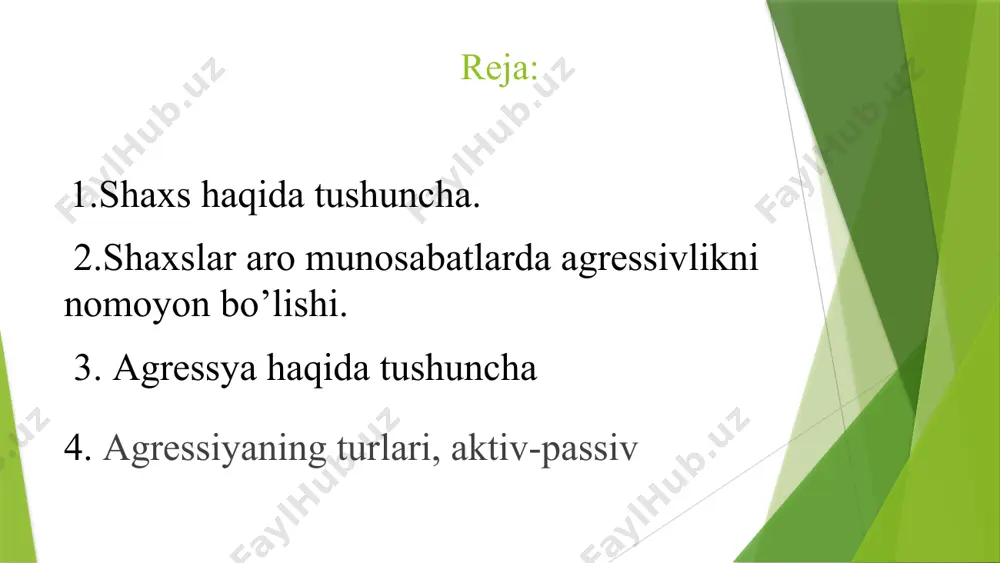 essiv ekanini inkor etadi, ammo o‘zining kundalik hayotida esa, uni keng namoyish qiladi. aynan agressiv xulq-atvor shaxslararo nizolarning vujudga kelishiga va ularni hal etishning asossiz yo‘llari paydo bo‘lishiga olib keladi. insonlardagi shaxslararo munosabatlarda namoyon bo‘luvchi xulq-atvor tiplaridan biri agressiyadir. “agressiya” tushunchasiga izoh berish qator qiyinchiliklarni tug‘diradi, chunki bu atama ko‘plab xatti-harakat shakllarini ifodalaydi. odamlar biron kimsani agressiv shaxs sifatida tavsiflaganlarida, uni boshqalarni haqorat qiluvchi yoki badfeʼl, barcha narsani o‘zi istaganidek qilishni istaydigan yoki o‘z g‘oyalarini qatʼiy himoya qiladigan, yechimi yo‘q muammolar girdobiga o‘zini giriftor qila- digan inson kabi taʼriflarni keltirishlari mumkin. insonning agressiv xatti-harakatlarga moyilligini turlicha tushuntirishga qaratilgan dastlabki nuqtai nazarlar ichida u.makdaugoll, z.freyd, g.marrey va boshqa olimlarning «inson va hayvonlarda agressiyaning tug‘ma instinkti mavjud bo‘ladi», degan qarashlaridir. agressiv xulq-atvor haqidagi fikr-mulohazalar xx asrning boshlarida frustratsiya nazariyasi bilan bog‘liq ravishda yuzaga keldi. unga ko‘ra, agressivlik frustratsiyaning oqibatidir. agressiv xulq-atvor xususidagi yana bir nuqtai nazar l.berkovichning ijtimoiy bilish nazariyasida bayon qilingan. …