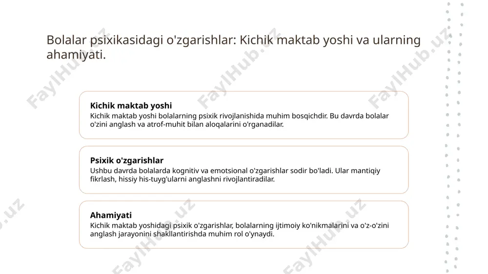 krlash jarayoni. o'z-o'zini baholash o'z-o'zini baholash bolalarga o'z kuchlarini va zaif tomonlarini tan olishga yordam beradi, bu esa o'z ustida ishlashga turtki bo'ladi. metakognitsiya metakognitsiya, bolalarning o'z fikrlash jarayonlarini tushunish va nazorat qilish qobiliyatidir, bu esa o'rganishni samarali qiladi. o'rganish strategiyalari bolalar o'z-o'zini baholash orqali o'rganish strategiyalarini ishlab chiqadilar, bu esa murakkab masalalarni hal qilishda muhim rol o'ynaydi. madaniyat ta'siri o'zbek madaniyatida o'z-o'zini baholash va metakognitsiya bolalarning ijtimoiy ko'nikmalarini rivojlantirishda muhim ahamiyatga ega. o'yinlar orqali kognitiv rivojlanish: tajriba va nazariya. o'yin va kognitiv rivojlanish o'yinlar bolalar uchun kognitiv rivojlanishni rag'batlantiradi, chunki ular muammoni hal qilish, ijodiy fikrlash va tafakkur ko'nikmalarini rivojlantiradi. o'yin turlari rivojlantiruvchi o'yinlar, jumladan, konstruktorlar va rol o'ynash o'yinlari, bolalarning analitik tafakkurini va muammolarni hal qilish qobiliyatini oshiradi. amaliy tajribalar o'yinlar orqali tajribalar yaratish, masalan, guruh o'yinlari, bolalarga ijtimoiy ko'nikmalarni rivojlantirish va bir-biriga yordam berish imkonini beradi. madaniyat va kognitiv rivojlanish: o'zbek kontekstida o'rganish. 1 madaniyat va ta'lim …