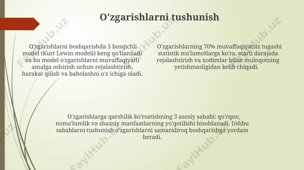amiyat kasb etadi. kurt lewin tomonidan ishlab chiqilgan 3 bosqichli model (muzlatish, o'zgartirish, qayta muzlatish) o'zgarishlarni samarali boshqarish uchun qo'llaniladigan asosiy ramkalardan biri hisoblanadi va keng miqyosli loyihalarda qo'llaniladi. o'zgarishlarga qarshilikni kamaytirish uchun 5w2h tahlili (kim?, nima?, qachon?, qayerda?, nima uchun?, qanday?, qancha?) yordamida aniq va tushunarli reja tuzish, xodimlarni jalb qilish muhimdir. o'zgarishlarning natijalarini baholash o'zgarishlarning samaradorligini baholashda kamida 3 ta kpi (kalit ko'rsatkichlar)ni aniqlash va ularning o'zgarishdan avvalgi va keyingi qiymatlarini taqqoslash muhim, bu 15% dan ortiq o'sishni ko'rsatishi kerak. o'zgarishlarning ijtimoiy ta'sirini baholashda, sifatli va miqdoriy ma'lumotlarni to'plash kerak bo'lib, bu sohada 50 dan ortiq respondentlar bilan so'rov o'tkazish tavsiya etiladi. moliyaviy natijalarni tahlil qilishda, xarajatlar va daromadlarning dinamikasini kuzatish bilan birga, roi (investitsiyalarning rentabelligi) ko'rsatkichini hisoblash orqali 20% dan yuqori foydani aniqlash mumkin. o'zgarishlar jarayonida to'siqlar tashkilot madaniyatining 70% inertasligi, yangi tizimlarga moslashishdagi qiyinchiliklar va qo'rquvlar o'zgarishlarni qabul qilish jarayonini sekinlashtiradi va samaradorlikni 15% ga pasaytiradi. …