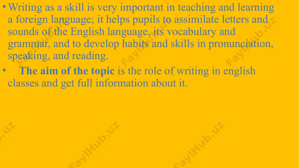 a high practical value since it may imprint patterns of all types (graphemes, words, phrases, and sentences) in students' memories, having a tremendous influence on their minds. teaching students to write in a variety of genres, promoting originality, and applying writing norms are all part of the writing process. this technique is applicable throughout the curriculum and is a great way to link instruction to state writing requirements. each phase of the writing process can be implemented in the following ways: prewriting include brainstorming, thinking about the purpose and goals of writing, utilizing graphic organizers to link ideas, and creating a cohesive framework for a writing piece. tha nk you for your attention!!! /docprops/thumbnail.jpeg