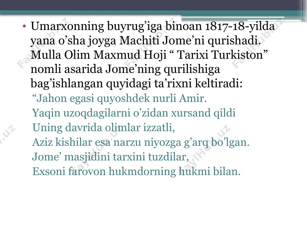 shadan ishlangan bo’larmish. bino shifti rangli, naqshlangan. machit ustunlarining soni 204 ta qayrag’och va terak xodalardan ishlangan bo’lib, har birining yo’g’onligi 4 arshinga teng ekan. amaliy san’at namunalari ushbu arxitektorial yodgorlik qo’qon shaxrining chorsu mavzesida joylashgan. bu yerda tashkil qilingan ya’ni 2013-yil tashkil etilgan amaliy san’at galireyasi, oltin meros jamg’armalari kabi ko’plab ma’naviy- ma’rifi muassalar o’rin olgan. image14.png image15.png image18.png image19.png image20.png image21.jpeg image23.jpeg image24.png image25.png image26.png image27.png image28.png image29.png image13.jpeg image5.jpeg