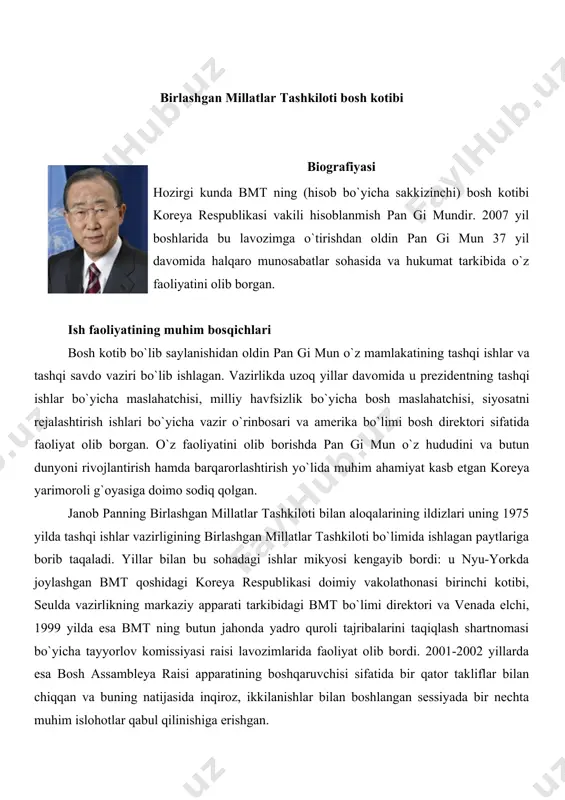 a buning natijasida inqiroz, ikkilanishlar bilan boshlangan sessiyada bir nechta muhim islohotlar qabul qilinishiga erishgan. bundan tashqari janob pan ikki koreya munosabatlariga tegishli masalalarni ijobiy hal etishda faol qatnashgan. 2005 yil sentyabr oyida koreya yarimorolida tinchlik va barqarorlikni ta`minlashga hizmat qiluvchi shimoliy koreyaning yadro masalasiga oid oltitomonlama kelishuvda muhim rol o`ynagan shaxs ham pan gi mundir. ma`lumoti 1970 yili janob pan seul milliy universitetining halqaro munosabatlar yo`nalishi bakalavr darajasi sohibiga aylandi. 1985 yili esa garvard universiteti qoshida faoliyat olib borayotgan kennedi nomidagi boshqaruv maktabining davlat boshqaruvi yo`nalishi magistri darajasiga ega bo`ldi. mukofot va medallari janob pan ko`plab milliy va halqaro mukofotlar, medallar bilan taqdirlangandir. 1975, 1986 va 2006 yillarda u o`z mamlakati ravnaqi va tarakkiyotiga qo`shgan hissasi uchun koreya respublikasi oliy ordeni - “hizmatlari uchun” ordeni bilan taqdirlangandir. shaxsiy ma`lumot janob pan 1944 yil 13 iyun kuni tavallud topgan. turmush o`rtog`i honim yu (pan) sun dek bilan ular 1962 yili …