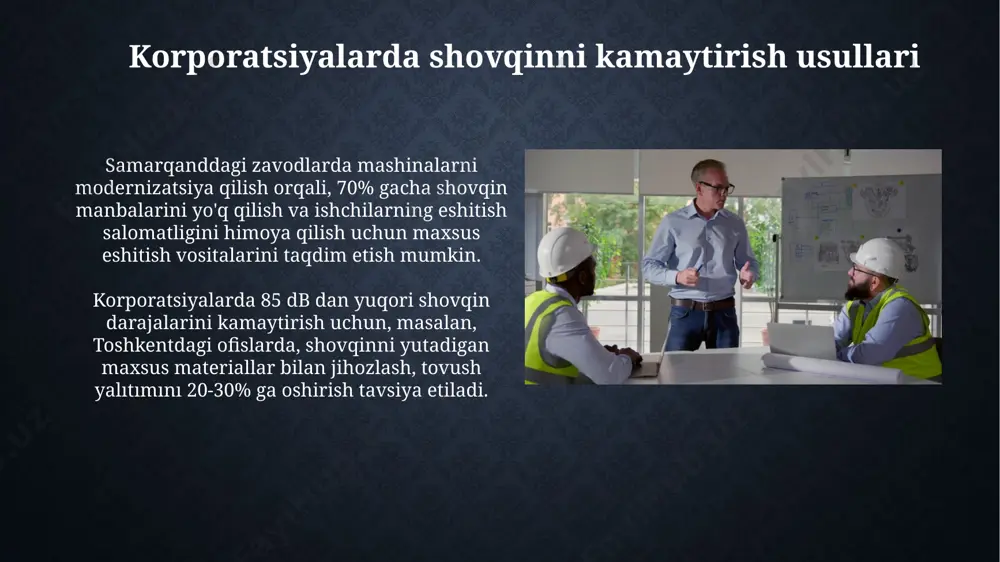ovqinning chastota tahlili uchun 1/3 oktava filtrli analizatorlar qo'llaniladi, bu 20 hz dan 20 khz gacha bo'lgan chastota diapazonidagi shovqin tarkibini aniqlash imkonini beradi, masalan, germaniyaning boshqa shaharlaridagi zavodlarda. shovqin darajasini o'lchashda ishlatiladigan asboblar, masalan, dba shkalasiga ega bo'lgan sonometrlar, jahon bo'ylab, shu jumladan o'zbekistonning toshkent shahridagi sanoat korxonalarida 85 dba dan yuqori shovqin darajasini aniqlash uchun qo'llaniladi. e'tiboringiz uchun rahmat @taqdimot_robot image2.jpg image3.jpg image4.jpg image5.jpg image6.jpg image7.jpg image8.jpg image9.jpg image10.jpg