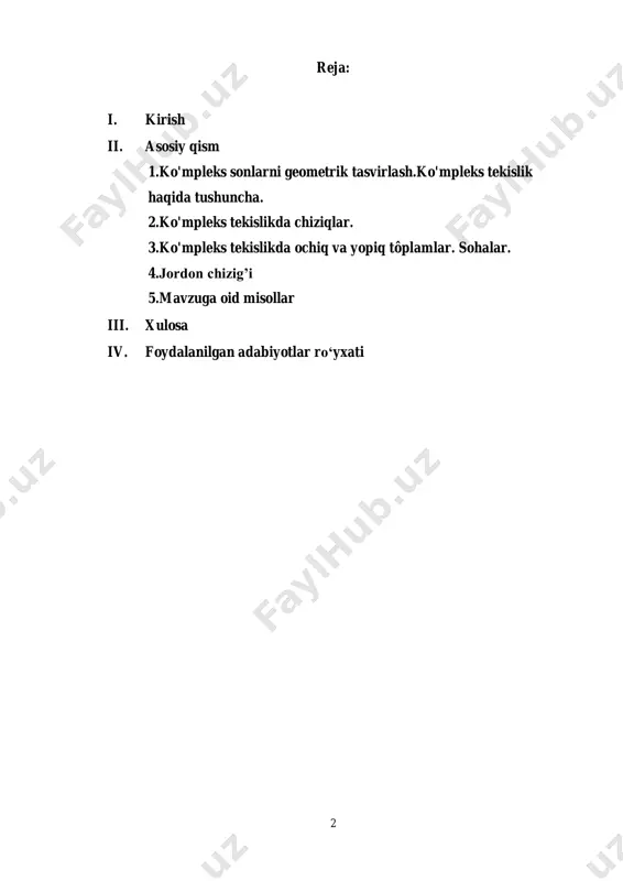 geometrik tasvirlovchi bitta nuqta mos kelar ekan.endi tekislikda ixtiyoriy nuqta olaylik. uning absissasi x, ordinatasi y bo’lsin. bu sonlardan tuzilgan  , x y juftlik bitta kompleks sonni aniqlaydi. olingan nuqtaga shu kompleks sonni mos qo’yish bilan tekislikdagi har bir nuqtaga bitta kompleks son mos kelishini aniqlaymiz.shunday qilib, с bilan tekislikdagi barcha nuqtalar to’plami orasida o’zaro bir qiymatli moslik o’rnatildi. bu esa to’plamning geometrik tasvirini tekislik deb qarash imkonini beradi. bunday tekislik kompleks sonlar tekisligi deb ataladi va u ham с kabi belgilanadi.kompleks sonni boshqacha ham tasvirlash mumkin. buning uchun 3r fazoda dekart koordinatalar sistemasini olib, unda markazi 1 (0,0 , ) 2 nuqtada,radius 1 2 ga teng bo’lgan ushbu 5   2 3 2 2 1 1 , , ; 2 4 s r                      (1) sferani qaraymiz. …