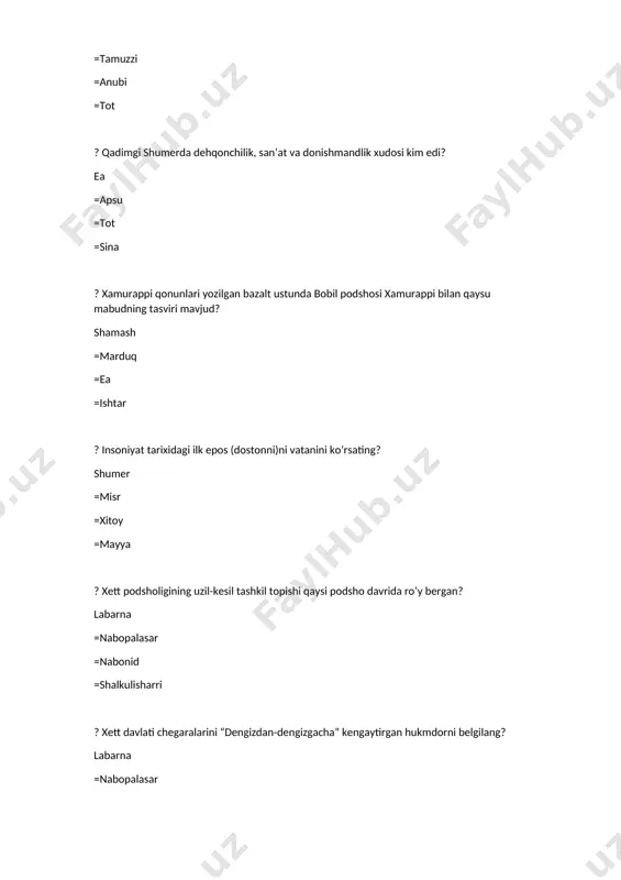 6 – 206 yillari = eramizdan avvalgi 366 – 323 yillari = eramizdan avvalgi 556 – 466 yillari ? fan chun xitoydagi qaysi qo‘zg‘olonning rahbari hisoblanadi? “qizil qoshlilar” qo‘zg‘oloni = “qizil kiyimlilar” qo‘zg‘oloni = “oq kiyimlilar” qo‘zg‘oloni = “qora kiyimlilar” qo‘zg‘oloni ? tarixchi va sayyoh chjan syanni o’rta osiyoga jo’natgan xan hukmdorini ko’rsating? u-di = lyu ban = sin-shixuandi = li li lya ? seysmografni vatanini ko’rsating? xitoy = hindiston = misr = ossuriya ? qog’ozni vatanini ko’rsating xitoy = hindiston = misr = ossuriya ? chinini vatanini ko’rsating xitoy = hindiston = misr = ossuriya ? qadimgi xitoy piktografi (suratli yozuv) qaysi podsholik davrida paydo bo’lgan? shan - in = xan = sin = tan ? buyuk xitoy devorini qaysi podsholik davrida qurish boshlangan? sin = xan = shan - in = tan ? bizgacha saqlanib qolgan xitoydagi 1-budda ibodatxonasi - “oq ot ibodatxonasi” (i asr) qaysi shaharda barpo …