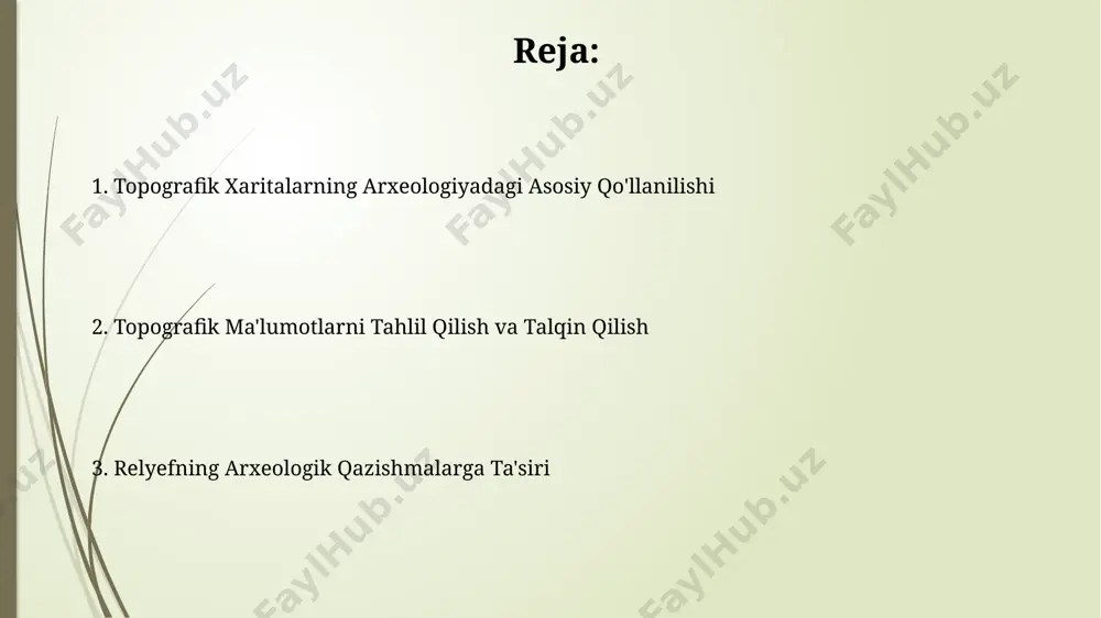 aniqlash istiqbollari mavjud. kelajakdagi tadqiqotlar 3d lazer skanerlash texnologiyalari yordamida yuqori aniqlikdagi raqamli relyef modellari yaratish orqali pompei kabi yirik arxeologik hududlardagi topografik xaritalarni yanada takomillashtirishga qaratilishi mumkin. madaniy qatlamlarni kartografik tasvirlash toshkent viloyatining qoʻqon shahridagi arxeologik qazishmalar natijasida olingan maʼlumotlarni 1:5000 masshtabdagi topografik xarita ustida tasvirlash, madaniy qatlamlar qalinligi va tuzilishi haqida aniq tasavvur hosil qilishga yordam beradi. samarqand yaqinidagi afrosiyob shaharchasining 2000 yildan ortiq tarixga ega madaniy qatlamlarini topografik xaritalash orqali, turli davrlarga oid binolar va infratuzilmalarni aniqlash, ularning joylashuvini 3d modellashtirish mumkin. topografik xaritalar va 3d modellashtirish taxminan 2000 yillik tarixga ega bo'lgan marv shahri xarobalari topografik ma'lumotlarini qayta ishlash va 3d modellashtirish orqali shaharning suv ta'minoti tizimi, kanal va suv omborlari kabi infratuzilmasi aniqlanib, o'rganildi. topografik xaritalar yordamida 3d modellashtirish, masalan, pompei shahri qazishmalarida 70 000 dan ortiq ob'ektning aniq joylashuvini va o'lchamlarini aniqlashda muhim rol o'ynaydi, bu tarixiy rekonstruktsiyani yaxshilaydi. suv manbalarining arxeologik ob'ektlarga ta'siri …
