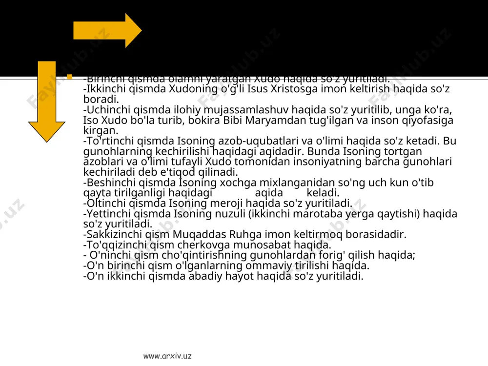 inson ruhini tozalash va yangilash, diniy hayotning muhimi voqealariga tayyorgarlikdan iborat. poklanishning sirliligi. unda dindor non va vino ko'rinishda o'z badanida iso qonini abadiy hayotga tayyorlaydi. badanni yeley bilan ishqalash sirida xudoning ruhiy va jismoniy zaifliklarni tuzatuvchi lutfu marhamatidan umid qilinadi. www.arxiv.uz www.arxiv.uz rus pravoslaviyesining ko'p kunlik postlari to'rtta: pasxa oldidan, pyotr va pavel kuni oldidan, bogorodisa uyqusidan oldin va iso tug'ilgan kundan oldin. buyuk bayram ichida pasxa birinchi o'rinda turadi. pasxa isoning o'lganidan so'ng qayta tirilganini nishonlab o'tkaziladigan bayram. u yilning 22 aprelidan may oyining birinchi yakshanbasigacha o'tkaziladigan bayram. u "otsovskiy den"dan avval o'tkaziladi. pasxaning tarixi yahudiylikdagi pesax bayrami bilan bog'liq bo'lib, u yahudiylarning misrdan qochib chiqishi va ozodlikka erishishini nishonlanishidir. xristianlik yahudiylikdan to'la ajralib chiqqach pasxa yangicha tus olgan. pasxadan so'ng pravoslav dinining o'n ikki kunlik o'n ikki muhim bayrami boshlanadi. ular: iso tug'ilishi, sreteniye, isoni cho'qintirish, preobrajeniye, quddusga kirish, isoning osmonga ko'tarilishi, troisa muqaddas butning osmonga ko'tarilishi, …