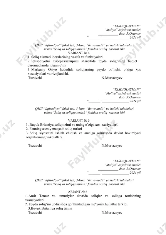 __ dots. r.omonov “_______”________________ 2024 yil qmii “iqtisodiyot” fakul’teti, 3-kurs, “bx va audit” yo’nalishi talabalari uchun“soliq va soliqqa tortish” fanidan oraliq nazorat ishi variant № 5 1. buyuk britaniya soliq tizimi va uning o’ziga xos xusiyatlari. 2. fanning asosiy maqsadi soliq turlari 3. soliq siyosatini ishlab chiqish va amalga oshirishda davlat hokimiyati organlarining vakolatlari. tuzuvchi n.murtazayev “tasdiqlayman” “moliya” kafedrasi mudiri ____________ dots. r.omonov “_______”________________ 2024 yil qmii “iqtisodiyot” fakul’teti, 3-kurs, “bx va audit” yo’nalishi talabalari uchun“soliq va soliqqa tortish” fanidan oraliq nazorat ishi ariant № 6 1. amir temur va temuriylar davrida soliqlar va soliqqa tortishning xususiyatlari. 2. foyda solig‘ini undirishda qo‘llaniladigan me‘yoriy hujjatlar tarkibi. 3.buyuk britaniya soliq tizimi tuzuvchi n.murtazayev “tasdiqlayman” “moliya” kafedrasi mudiri ____________ dots. r.omonov “_______”________________ 2024 yil qmii “iqtisodiyot” fakul’teti, 3-kurs, “bx va audit” yo’nalishi talabalari uchun“soliq va soliqqa tortish” fanidan oraliq nazorat ishi variant № 7 1. mazkur fanni o ‘rganish jarayonida turli pedagogik texnologiyalardan …