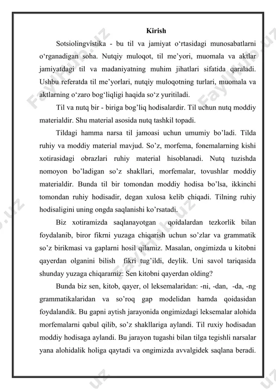 til jamoasidagi kishilar ongida tovush obrazlari sifatida saklanadigan va hamma vaqt haqiqatga aylanishga tayyor turgan so’z, fonema, turli lisoniy qoidalar, gaplarning modellari tilga tegishlidir. tilga oid narsalar chegaralangan miqdordadir. ularning soni turli tillarda turlicha bo’ladi. qaysi tilda til vositalari nisbatan ko’p bo’lsa, usha til boy til hisoblanadi. jamoa hayotining butun sohalarini o’zida qamragan til jamiyat taraqqiyoti bilan rivojlanib boradi. jamiyat extiyojiga javob bermay qolgan til elementlari iste`moldan chiqa boradi, ular urnida yangi ifoda vositalari paydo bo’ladi. tilda paydo bo’lgan tushunchalar dastlab ayrim shaxslar nutqida ko’rinadi, so’ng asta-sekinlik bilan butun jamoa ongiga singadi. uni hamma bir tushunib, talaffuz etadigan bo’lgach, u til ixtiyoriga o’tadi. aks holda alohida shaxsning nutqiga xos bo’lib qolaveradi. masalan: o’zbek tilida so’zlovchi ba`zi kishilar nutqida “dizayner” (biror yumushni bajaruvchi shaxs) so’zi uchramoqda. hali u butunlay o’zbek tilida gaplashuvchi kishilar ongiga singib ketgan emas. shunday ekan, u hali ayrim shaxslarning tiliga tegishlidir. uning o’zbek tiliga xos bo’lib qolish-qolmasligini …