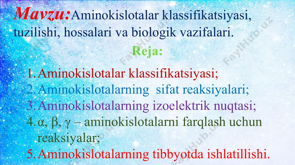otalar xisoblanadi, ular ham sakkizta: alanin glutamin kislotasi prolin serin asparagin glutamin asparagin kislota 4.shartli ravishda almashtirsa bo'ladigan aminokislotalar xam ikkita: tirozin. sistein aminokislotalarning sifat reaksiyalari 1.α- aminokislotaning ningidrin bilan reaksiyasi natijasida ko'k -binafsha rangga ega bo'lgan modda xosil bo'ladi. ko'k-binafsha rangli murakkab modda 2.erlix reaksiyasi boshqa aminokislotalar ichidan triptofanni topish uchun ishlatiladi p-dimetil amino benzaldegid qizil binafsha rang triptofan 3.oltingugurt saqlovchi aminokislotalar qo'rg'oshinning eruvchan tuzlari bilan qora cho'kma hosil qilib parchalanadi: tarkibida oltingugurt saqlovchi aminokislotalar - sistin, sis- tein, metionin, yoki shu aminokislotalarni saqlovchi oqsil eritmasi natriy ishqori bilan qaynatilib, so'ngra qo'rg'oshin atsetat eritmasi qo'shilsa, qo'rg'oshin sulfid qo'ng'ir qora cho'kmasi hosil boʻladi. 4.ksantoprotein reaksiyasi. o'z tarkibida aromatik radikallar tutgan aminokislotalarni aniqlash uchun ishlatiladi. aminokislotalarning izoelektrik nuqtasi aminokislotalarning bipolar ionlar konsentratsiyasi maksimal boʻlib, kation va anion shakllarining konsentratsiyasi minimal va teng boʻlgan holatidagi ph qiymati izoelektrik nuqta - pi deyiladi. uning qiymati quyidagi formula bo'yicha hisoblab topiladi: pi = pka,+pka2/2 …