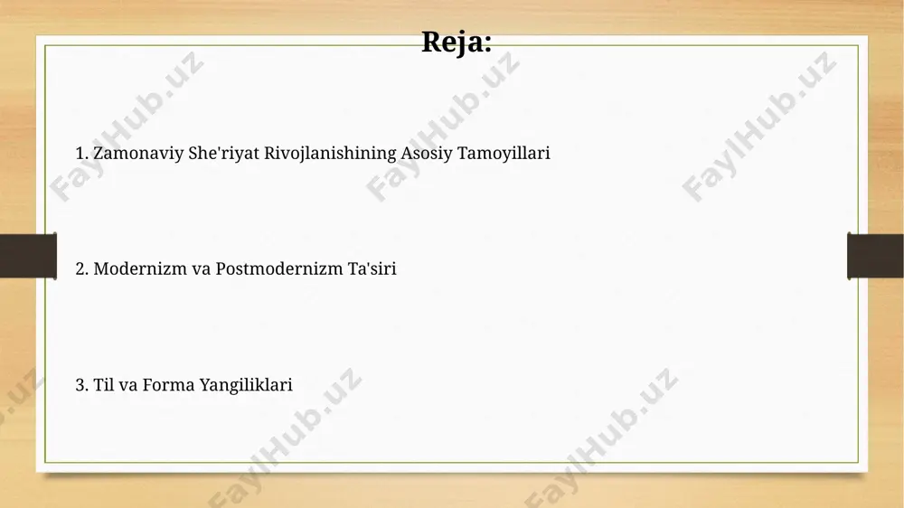 ʼriyatga 21-asr boshlarida internet va ijtimoiy tarmoqlar orqali tezkor axborot almashinuvi va madaniy aralashuvlar orqali kuchli taʼsir koʻrsatdi, bu esa yangi poetik uslublarning paydo boʻlishiga olib keldi. erkin oyatning paydo bo'lishi erkin oyatning paydo boʻlishi 20-asr boshlarida, anʼanaviy sheʼriyat formalariga qarshi isyon sifatida, taxminan 1910-yillardan boshlab kuzatilgan boʻlib, erkinlik va individualizm gʻoyalarini aks ettirdi. modernist shoirlar, masalan, mayakovskiy va apolliner kabi vakillar, erkin oyatda 10 ga yaqin yangi sheʼriy qurilish usullarini qoʻllab, anʼanaviy sheʼriyatning metrikasi va qofiyasidan voz kechishdi. ovozli she'riyat "ovozli she'riyat"ning asosiy xususiyatlaridan biri – ovoz ohangi, pauza, intonatsiya kabi akustik elementlarning she'riy matn ma'nosini shakllantirishdagi muhim rolidir, bu 3 dan ortiq o'lchovli ta'sir yaratadi. 1960-yillardan boshlab "ovozli she'riyat"ning konkrit she'riyat, sound poetry va performance poetry kabi turli adabiy oqimlar bilan bog'liqligi kuzatildi, bu esa uning murakkab tuzilishini belgilaydi. she'riyat tilining o'zgarishi she'riyat tilida 20-asr boshlaridan boshlab, erkin o'lchov va she'riy shakllarning ko'payishi kuzatildi, bu an'anaviy aruz vazniga …