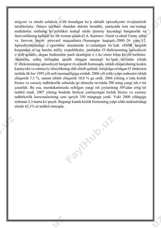 ,8 % ga ortdi. 2006 yilning o`zida kichik biznes va xususiy tadbirkorlik sohasida qo`shimcha ravishda 290 ming yangi ish o`rni yaratildi. bu esa, mamlakatimizda ochilgan yangi ish joylarining 50%dan ortig`ini tashkil etadi. 2007 yilning boshida faoliyat yuritayotgan kichik biznes va xususiy tadbirkorlik korxonalarining soni qariyb 350 mingtaga yetdi. yoki 2000 yildagiga nisbatan 2,3 marta ko`paydi. bugungi kunda kichik biznesning yalpi ichki mahsulotdagi ulushi 42,1% ni tashkil etmoqda. o`zbekistonda neft va gaz kondensati ishlab chiqarish 1990 yili 2,8 mln.tonna bo`lsa, 1997 yili 7,9 mln.tonnaga yetdi va chetga neft sotish qobiliyatiga ega bo`ldi. aholini tabiiy gaz bilan ta`minlash yuzasidan katta yutuqlarga erishildi.o`zbekistonning jahondagi ko`p davlatlar bilan hamkorligi kengayib bormoqda. «chet el investisiyalari to`g`risida», «chet el investorlari huquqlarining kafolatlari va ularni himoya qilish choralari to`g`risida» qonunlarining qabul qilinishi jahonning ko`plab davlatlari bilan iqtisodiy hamkorlikni o`rnatishga, bir qancha jahon banklari bilan shartnomalar imzolashga olib kelib, bu ham makroiqtisodiyotni yaxshilashga olib keldi.ii jahon urushidan keyingi …