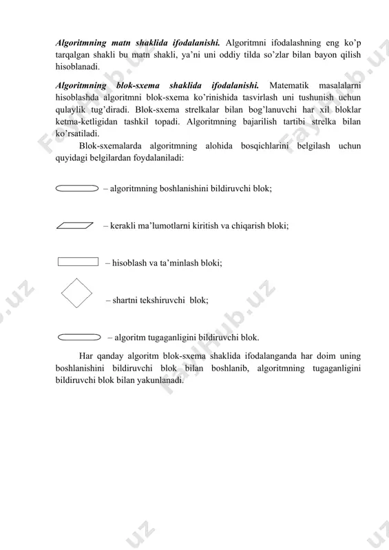 igiga qarab quyidagi shakllardan birida ifodalanishi mumkin: 1. matn shakli. 2. blok-sxema shakli. 3. dastur shakli. algoritmlarni ifodalashning dastlabki ikkita shakli tabiiy tillar: matematik formulalar va simvollar vositasida ifodalanadi. uchinchi shakli esa sun’iy tillardan birida ifodalanadi. algoritmning matn shaklida ifodalanishi. algoritmni ifodalashning eng ko’p tarqalgan shakli bu matn shakli, ya’ni uni oddiy tilda so’zlar bilan bayon qilish hisoblanadi. algoritmning blok-sxema shaklida ifodalanishi. matematik masalalarni hisoblashda algoritmni blok-sxema ko’rinishida tasvirlash uni tushunish uchun qulaylik tug’diradi. blok-sxema strelkalar bilan bog’lanuvchi har xil bloklar ketma-ketligidan tashkil topadi. algoritmning bajarilish tartibi strelka bilan ko’rsatiladi. blok-sxemalarda algoritmning alohida bosqichlarini belgilash uchun quyidagi belgilardan foydalaniladi: – algoritmning boshlanishini bildiruvchi blok; – kerakli ma’lumotlarni kiritish va chiqarish bloki; – hisoblash va ta’minlash bloki; – shartni tekshiruvchi blok; – algoritm tugaganligini bildiruvchi blok. har qanday algoritm blok-sxema shaklida ifodalanganda har doim uning boshlanishini bildiruvchi blok bilan boshlanib, algoritmning tugaganligini bildiruvchi blok bilan yakunlanadi. image1.emf image2.emf image3.emf