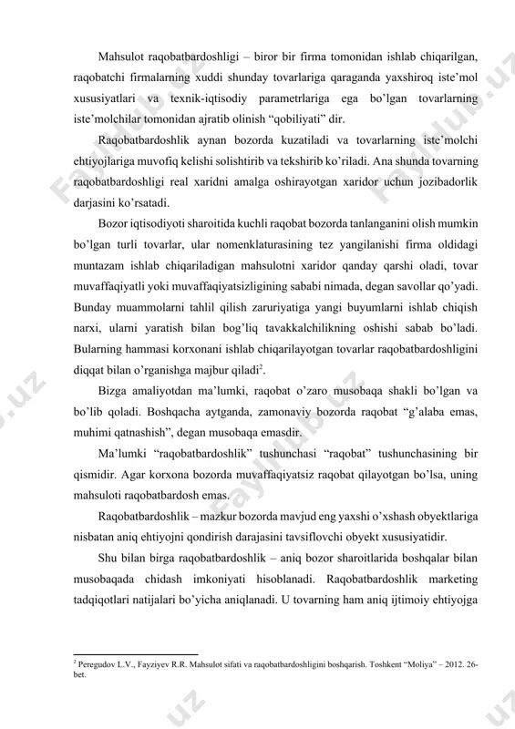 ning mahsuloti raqobatbardosh emas. raqobatbardoshlik – mazkur bozorda mavjud eng yaxshi o’xshash obyektlariga nisbatan aniq ehtiyojni qondirish darajasini tavsiflovchi obyekt xususiyatidir. shu bilan birga raqobatbardoshlik – aniq bozor sharoitlarida boshqalar bilan musobaqada chidash imkoniyati hisoblanadi. raqobatbardoshlik marketing tadqiqotlari natijalari bo’yicha aniqlanadi. u tovarning ham aniq ijtimoiy ehtiyojga moslik darajasi, ham uni qondirishga sarflangan harajatlar bo’yicha uning raqib tovaridan farqini ifodalovchi tavsifidir. o’zbekiston amaliyotida tovarlarga nisbatan “mahsulot raqobatbardoshligi” tushunchasi bilan amalda bir xil ma’noga ega “mahsulot sifati” tushunchasi ko’proq qo’llanadi, chunki mahsulot sifati deb kamroq harajat qilib, xaridorni maqbul xolda qondirish xususiyati tushuniladi. mahsulotning raqobatdoshligi uning sifati va narxiga ko’ra shu turdagi boshqa ishlab chiqaruvchilarning mahsulotidan ustunligi bilan belgilanadi. firmalarning raqobatdoshligi esa turdosh, raqobatlashuvchi korxonalarga nisbatan bir xil yoki o’rnini bosuvchi mahsulotlarni iste’mol xarakteristikalari bo’yicha sifatli va pastroq narxlarda ishlab chiqarish hamda yetkazib berish imkoniyati bilan bog’liq. firmaning raqobatdagi ustunliklarini bir qator omillar belgilab beradi. bularni ikki guruhga ajratish mumkin: · …