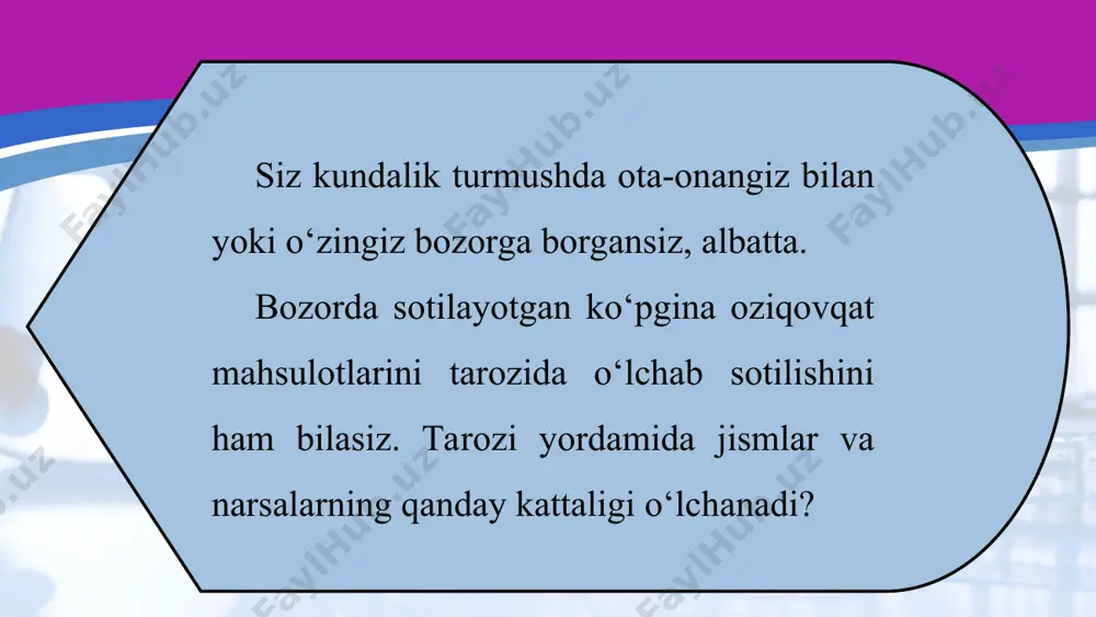 liq. masalan, bir qop yong‘oqning massasi bir xalta yong‘oqnikidan, 1 chelak suvning massasi 1 piyola suvnikidan ko‘p. narsa va predmetlarning massasini 1 kg ga nisbatan katta va kichik birliklarda ham o‘lchash mumkin. jism massasi tarozida o‘lchanadi. jism massasini o‘lchash uchun uning chap pallasiga o‘lchanadigan narsa, o‘ng pallasiga tarozi toshlari qo‘yiladi. pallaga toshlarni muvozanatga kelguncha tanlab qo‘yiladi (12-rasm). shundan so‘ng pallaga qo‘yilgan tosh massalari qo‘ shib hisoblanadi. shayinli tarozida tortilgan jism massasi uning qizdirilgan yoki sovutilganligiga, qayerda va qachon o‘lchanganligiga bog‘liq emas. shu sababli tajribalarda va hisoblashlarda berilgan jismning massasi o‘zgarmas (m = const) deb qaraladi. ko‘pincha bozorlarda sabzavotlarni prujinali tarozida tortib sotayotgan sotuvchilarni uchratamiz (13-rasm). bunday tarozi ichida prujina bo‘lib, osilgan yuk ta’sirida cho‘ziladi. tarozining ko‘rsatishi prujinaning qattiqyumshoqligiga, kunning issiq yoki sovuq bo‘lishiga, normadan ortiq yuk osganda cho‘ zilib, avvalgi joyiga qaytib bormasdan qolib ketganli giga bog‘liq bo‘ladi. bundan tashqari, o‘lchashlar, yerning shimoliy qutbi yoki ekvatorga yaqin joylarda olib borilganligiga …