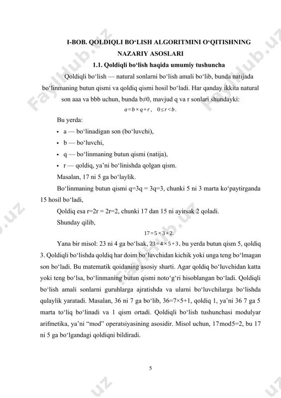 un muhimdir. qoldiqli bo‘lish sonlarni guruhlarga ajratishda, matematik nazariyada va algoritmlarda muhim ahamiyatga ega. masalan, tub sonlarni aniqlash, sonlar o‘rtasidagi bog‘lanishlarni tekshirishda qo‘llaniladi. kompyuter fanida esa qoldiq hisoblash algoritmlari kriptografiya, ma’lumotlarni shifrlash va tasniflashda keng ishlatiladi. misollar bilan amaliy mashqlar: 1. 43 ni 8 ga bo‘ling. 8×5=40 qoldiq: 43−40=3 javob: 43=8×5+3. 2. 99 ni 10 ga bo‘ling. 10×9=90, qoldiq: 99−90=9. javob: 99=10×9+9. 3. 50 ni 7 ga bo‘ling. 7×7=49 qoldiq: 50−49=1. javob: 50=7×7+1. 4. 60 ni 12 ga bo‘ling. 12×5=60 qoldiq 0. javob: 60=12×5+0. har qanday ikkita natural son aaa va bbb uchun (bu yerda b≠0), bunday sonlar q va r mavjud bo‘lib, ular qoniqtiradi: a=bq+r, va 0≤r<b. bu tenglama bo‘linishning qoldiqli taqsimoti deb ataladi. bu orqali sonlarni taqsimlash, bo‘linish xususiyatlarini aniqlash mumkin. qoldiqli bo‘lish - bu natural sonlarni bo‘lish amali bo‘lib, unda bo‘linmaning butun qismi va qoldiq qismi aniqlanadi. bo‘linma, bo‘luvchi, butun qism va qoldiq tushunchalari bu amalning asosiy …