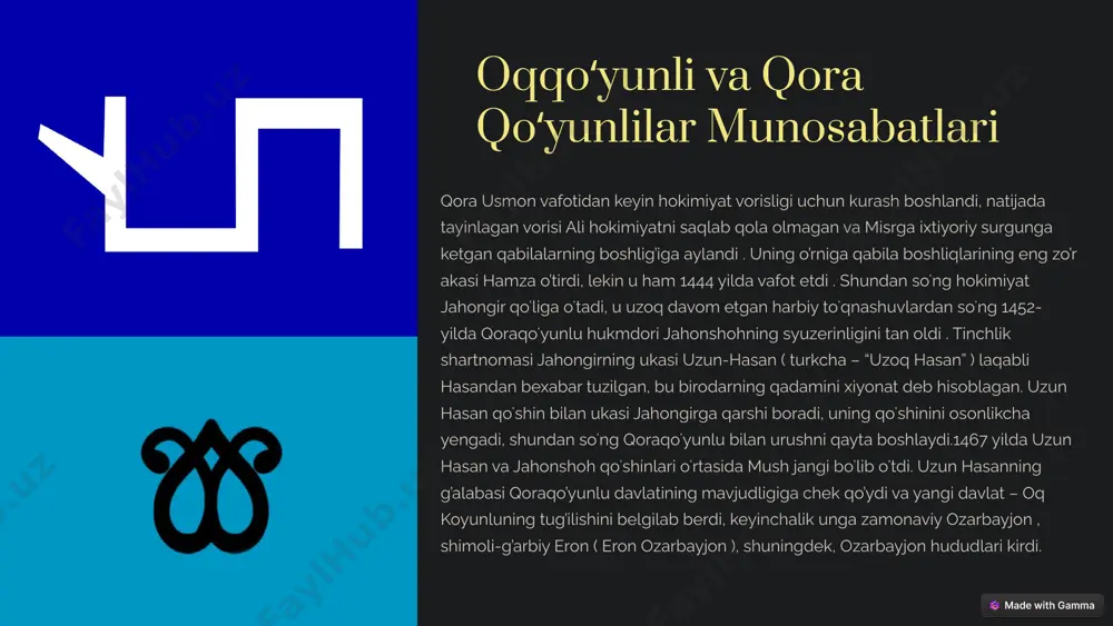 feodallarning qudrati va taʼsirini susaytirib, davlatning qulashiga yoʻl qoʻymaslikka harakat qildilar. u ulardan ba’zilarini qatl qildi va o’zidan oldingilar tomonidan berilgan barcha grantlarni bekor qildi. koʻchmanchi zodagonlarga qarshi kurashda sulton ahmad feodallarning yana bir guruhiga – eron fuqarolik byurokratiyasiga tayandi. ahmed dehqonlar ommasining hamdardligini ta’minlamoqchi bo‘lib, soliq islohotini o‘tkazdi, faqat shariat soliqlarini saqlab qoldi va boshqa soliq va yig‘imlarni bekor qildi. bu chora-tadbirlarning barchasi iroq va forsda qoʻzgʻolon koʻtargan koʻchmanchi feodallarni gʻazablantirdi. sulton ahmad isfaxon yaqinida isyonchilar bilan boʻlgan jangda halok boʻldi , shundan soʻng uning barcha farmonlari bekor qilindi. hokimiyat uchun kurashda qabila nizolarining yangi toʻlqini boshlanib, 1500- yilda oqqoʻyunlu mulklari ikki qabila boshligʻi oʻrtasida boʻlingan: alvend ozarbayjon va armanistonni, murod esa iroq va forsni qabul qilgan 7 oqqoʻyunlilar davlatining parchalanishi ta'sir uzun hasan vorislari davrida oqqo‘yunlu davlatining ichki zaifligi fosh bo‘ldi. feodal tarqoqlikning kuchayishi va alohida hududlar oʻrtasida mustahkam iqtisodiy aloqalarning yoʻqligi natijasida koʻchmanchi feodallar oʻrtasida cheksiz oʻzaro …