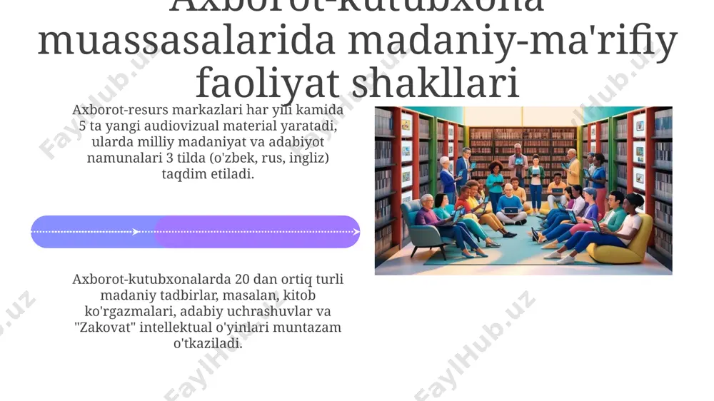 a 10 dan ortiq ishtirokchi qatnashishi mumkin. ommaviy tadbirlar: turlari va tashkil etish madaniy-ma'rifiy faoliyatning maqsad va vazifalari madaniy-ma'rifiy faoliyatning muhim vazifasi - milliy qadriyatlarni asrab-avaylash, 5 xil an'analarni saqlash va 21-asr talablariga mos keladigan barkamol avlodni tarbiyalashga ko'maklashishdan iborat. madaniy-ma'rifiy faoliyatning vazifalaridan biri - 7 yoshdan katta bo'lgan aholi uchun kitobxonlikni targ'ib qilish, ularning badiiy didini o'stirish va intellektual qobiliyatlarini rivojlantirish uchun 3 asosiy yo'nalishda ishlashdir. e'tiboringiz uchun rahmat @taqdimot_robot image4.jpg image5.jpg image6.jpg image7.jpg image8.jpg image9.jpg image10.jpg image11.jpg image12.jpg image13.jpg image14.jpg image15.jpg image16.jpg image17.jpg image18.jpg image19.jpg image20.jpg image1.jpeg image2.jpeg image3.jpeg