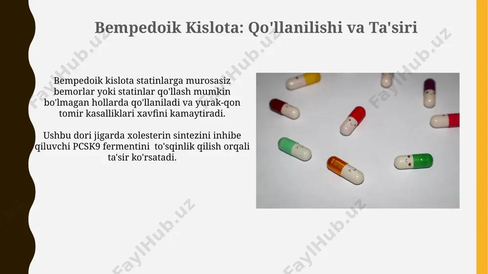 lar ana shu fermentni inhibe qilib, xolesterin sintezini taxminan 30-70% ga kamaytiradi. statinlar: mexanizmi va qo'llanilishi statinlarning yuqori dozalari (masalan, 80 mg atorvastatin) ldl xolesterinini 50-60% ga kamaytirishi mumkin, ammo bu bemorga bog'liq. statinlar jigarning xolesterin sintezi uchun javobgar bo'lgan hmg-coa reduktaz fermentini 70% gacha tormozlaydi, bu esa ldl xolesterin darajasini pasaytiradi. antihipertenziv preparatlar: rol va ahamiyati beta-blokatorlar, ayniqsa, yuqori qon bosimi va yurak-qon tomir kasalliklari bo'lgan bemorlarda aterosklerozning progressiyasini sekinlashtiradi, miya infarkti xavfini 25% ga kamaytiradi. kalsiy kanal blokerlari qon tomirlarining spazmini oldini olib, qon bosimini pasaytiradi, shu bilan birga aterosklerozning asosiy omili bo'lgan lipidlar almashinuvining buzilishini yaxshilaydi. beta-blokerlar: rol va ahamiyati beta-blokatorlar, taxikardiya va qon bosimini pasaytirish orqali, aterosklerozning rivojlanishiga olib keluvchi yurak yuklamasini kamaytiradi, bu esa yurak-qon tomir o'limi xavfini 15-20% ga pasaytirishi mumkin. beta-blokatorlarning ldl xolesterin darajasini to'g'ridan-to'g'ri pasaytiruvchi ta'siri zaif bo'lsa-da, ular qon bosimini nazorat qilish orqali indirekt ravishda ateroskleroz rivojlanishini sekinlashtiradi. aterosklerozning patogenezi oksidlangan …
