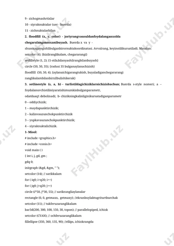 gmachiziklar 5 - yugonogmachiziklar (boshkastil) 6 - ogmayullar 7 - turtburchaklichiziklar 8 - ogmaturtburchaklar 9 - zichogmashrtixlar 10 - siyraknuktalar (uer - buerda) 11 - zichnuktalarbilan 2. floodfill (x, y, color) - joriyrangvausuldanfoydalanganxolda chegaralangansoxanibuyash. buerda x va y - shusoxagategishlibulganbirornuktakoordinatasi. avvalrang, keyinstilikursatiladi. masalan: setcolor (4); {kizilranglikalam, chegararangi} setfillstyle (1, 2); {1-stilьbilanyashilrangbilanbuyash} circle (50, 50, 35); {radusi 35 bulganaylanachizish} floodfill (50, 50, 4); {aylanaichigarangtukish, buyaladiganchegararangi ranglikalambilanbirxilbulishikerak} 3. setlinestyle (s, a, b) – turlistildagichiziklarnichizishuchun; buerda s-style nomeri; a –foydalanuvchistiliniyaratishimumkinbulganparametr, odatdaaq1 debolinadi; b- chizikningkalinliginikursatadiganparametr 0 – oddiychizik; 1 – maydapunktirchizik; 2 – kalinvauzunchokpunktirchizik 3 – yupkavauzunchokpunktirchizik; 4 – siyraknuktalichizik. 1- misol: # include # include void main ( ) { int i, j, gd, gm ; gdq 0; initgraph (&gd, &gm, " "); setcolor (14); // sarikkalam for ( iq0; i # include # include void main ( ) { int i, j, gd, gm ; float x, y; gdq0; initgraph (&gd, &gm, …