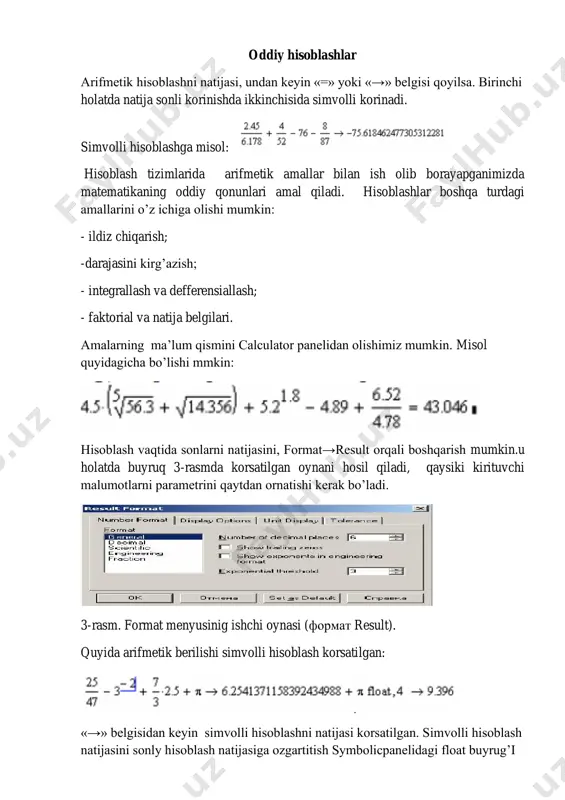 hisoblash: 10sinx − 𝑥2 7-rasmda ko’rsatilgandek ishchi oynaga ma’lumot kiritib natija olish. 2.mashq. matrisalar bilan ishlash(matrsa usulida tenglamani yechish ) instrumentlar panelidan matrisa tanlab matrisani qiymatini kiriting. ishchi muhitdaformulani kiriting rasmda korsatilgandek. topshiriq: quyidagi topshiriqlarni mathcad dasturida natija oling: a b 13.47 -2.29 3.29 4.75 2.32 2.75 11.11 2.28 -0.75 4.75 0.28 6.25 -9.21 0.79 2.25 3.21 2.21 0.49 7.87 -3.41 1 y x a 2sin2/1 ) 6 cos(2 + − =  5/3 1 3 2 z z b + += x = 1,426, y = -1,220, z = 3,5 2 3 x y xj x y −= 2)(1 )( )( xy xy zy xy −+ − − −= x = 1,825, y = 18,225 z = -3,298 3 !4!3!2 1 432 xxx xs ++++= , )cos(sin 23 yxx += x = 0,335, y = 0,025 4 abtbatey bt +−+= − )sin( , 1)2cossin( 2 −= tatbs a = …
