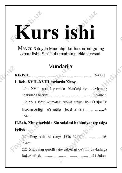 xitoyda man`chjurlar hukmronligining o'rnatilishi. sin` hukumatining ichki siyosati — DOCX