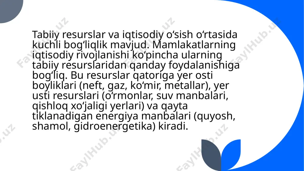 f tug‘diradi. 4. korruptsiya va iqtisodiy nomutanosiblik – resurslardan tushgan katta daromadlar ba’zan notransparent boshqaruv va korrupsiyaga olib keladi. masalan, nigeriyada neft qazib olishdan katta daromad bo‘lishiga qaramay, aholining katta qismi qashshoqlikda yashaydi. 6 tabiiy resurslardan samarali foydalanish strategiyalari tabiiy resurslarning iqtisodiy o‘sishga ijobiy ta’sirini oshirish va salbiy ta’sirini kamaytirish uchun quyidagi strategiyalar muhim hisoblanadi: a) diversifikatsiya (iqtisodiy sohalarni kengaytirish) neft va gaz daromadlariga haddan tashqari bog‘liq bo‘lib qolmaslik uchun davlatlar sanoat, qishloq xo‘jaligi va texnologiya sohalariga ham sarmoya kiritishi kerak. masalan, baa neftdan tushgan daromadlarni turizm va moliyaviy xizmatlar sohalariga yo‘naltirib, iqtisodiyotini diversifikatsiya qildi. 7 b) barqaror rivojlanish va ekologik muvozanat tabiiy resurslarni ekspluatatsiya qilishda ekologik me’yorlarga rioya qilish muhim. qayta tiklanadigan energiya manbalaridan foydalanish resurslarga bo‘lgan bosimni kamaytiradi. 8 c) resurslarni samarali boshqarish norvegiya modeli – neftdan tushgan daromadlarni norvegiya davlat pensiya jamg‘armasiga yo‘naltirish orqali mamlakat uzoq muddatli barqarorlikni ta’minlamoqda. soliqlar va davlat nazorati orqali resurslardan kelgan foyda …