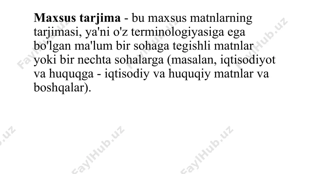elektron nur - elektronlar nurlari); 3) "nur" - qurilish mavzusi matnida va boshqalar. ko'pgina iqtisodiy matnlarda "naqd pul" so'zi "pul, naqd" degan ma'noni anglatadi (naqd pul tushumi - pul daromadlari (investitsiyalardan)), lekin ba'zida xuddi shu so'z "naqd" so'zining umumiy ma'nosida ishlatilishi mumkin (naqd pul bilan to'lash) - naqd pul bilan to'lash). bundan tashqari, bitta matnda siz so'zning turli ma'nolarda ishlatilishini topishingiz mumkin. tarjimonning vazifasi - matnning mavzusi va uning ma'lum bir qismining kontekstini hisobga olgan holda to'g'ri mos variantni tanlash. l. l. nelyubin ta'kidlaganidek, maxsus tarjima funktsional uslublarga mos keladigan to‘rtta yo‘nalishga bo‘linadi, ya’ni tarjima: 1) rasmiy ish matnlari (diplomatik, yuridik, harbiy, tijorat va boshqalar. qonunlar, buyruqlar, qoidalar, spetsifikatsiyalar, protokollar, kvitansiyalar, sertifikatlar va boshqalar); 2) ilmiy -texnik matnlar (fan va texnikaning turli predmetli sohalariga taalluqli: naqshlarni aniqlash, qonunlarni, kashfiyotlarni, o'qitishni va boshqalarni tasvirlash); 3) jurnalistik matnlar (ommaviy axborot vositalari orqali odamlarga ta'sir ko'rsatishga xizmat qiladi: axborot jamiyatning keng qatlamlari uchun …