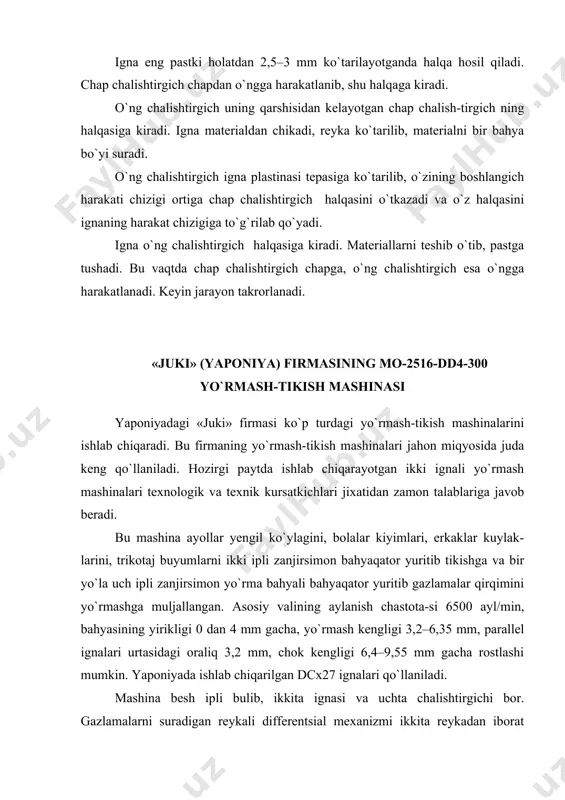 ifferintsial surish mexanizmida mikrosozlagich sistemasi qo`llanilgan. material ostidagi plita boshqaruv richagi yordamida yengil ochiladi. mashinani ishlatish. mashina maxsus ish stoliga o`rnatilgan bo`ladi. uning karteri ish stolining qopqog`i tagida joylashgan. mashinaning old o`ng tomonida qirqim va chikindilarni idishga tushirish uchun nov bor. mashina ikkita pedal yordamida boshqariladi: chap pedal friktsion yuritmani ishga tushirishga, o`ng pedal esa tepkini ko`tarishga xizmat qiladi. bundan tashqari, bu mashinada tepkini qo`l bilan ko`tarish mumkin, bunda richag 6 ni ko`tarib, keyin richagni soat mili harakati yo`nalishida burib, tepki ish zonasidan chiqariladi. material tepki tagidan chiqqandan keyin ip zanjiri qirqiladi. reykalarning ko`tarilish balandligini mahkamlash vintlarini bo`shatgandan keyin reykalarni vertikal surib rostlanadi. mashina ishlayotganida tishli gildirakli nasos shaffof nazorat qalpoqchasi tagiga moy yo`naltirib turadi. moy sochilib chiqib, detallarning tutashmalarini moylaydi. karterdagi moyning ostki va ustki satxini ko`rsatuvchi ikkita belgi chizigi bor. mashinaning ish organlari shchitlar 1,2 va igna mexanizmini yopib turuvchi qopqoqni ochib tozalanadi. ip taqish. yo`rmash ignasining ipini …