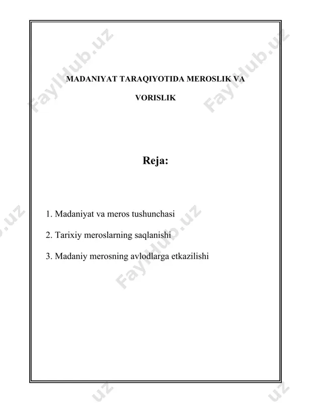 har bir til o'zicha betakror madaniy merosning bir qismi hisoblanadi. madaniyat va merosni saqlashda ta'lim muhim rol o'ynaydi. dunyo bo'ylab 687 million odam savodsizlikdan aziyat chekadi va aholining 59% tinglovchi, tomoshabin yoki o'quvchi sifatida faol madaniy hayotdan bahramand bo'lish imkoniga ega emas. o'zbekiston maktablarida madaniyat va san'at ta'limi keng yo'lga qo'yilgan bo'lib, 10 mingdan ortiq o'quvchi 95 ta musiqiy va san'at maktablarida ta'lim olmoqda. madaniy merosni asrab avaylash maqsadida xalqaro va mahalliy miqyosda ko'plab qonunlar va dasturlar amal qilmoqda. butunjahon madaniy merosni saqlash tashkiloti (icomos) va boshqa ko'plab tashkilotlar ushbu jarayonlarda yaqindan yordam ko'rsatmoqda. 1972 yili tashkil etilgan butunjahon madaniy va tabiiy merosni himoya qilish konventsiya bugungi kungacha 194 mamlakat tomonidan imzolangan. xulosa qilib aytganda, madaniyat va meros - bu insoniyatning boy va rang-barang tajribasini aks ettiruvchi, jamiyat rivojlanishiga hissa qo'shuvchi, va global miqyosda avlodlar orasida ko'prik vazifasini bajaruvchi qadriyatlar yig'indisidir. ularni saqlash va rivojlantirish kelajak avlodlar oldidagi eng muhim …
