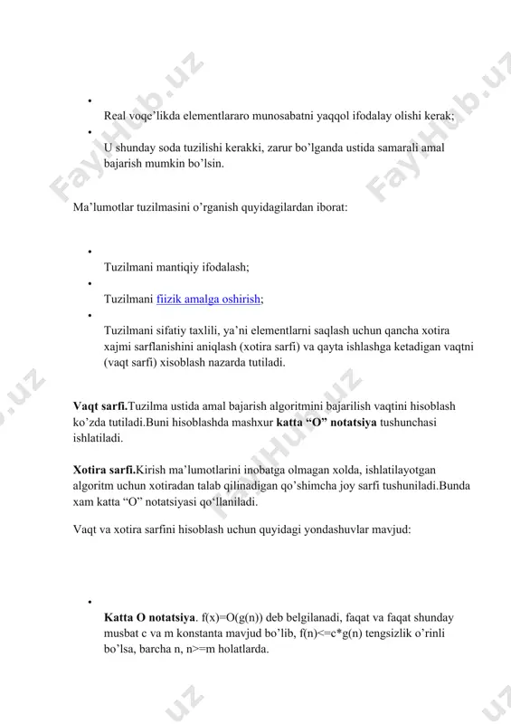 2n+n2=o(2n) deb olish mumkin,chunki 6*2n+n2 =4 larda. o(1) deb hisoblash vaqti o’zgarmas bo’lgan holatni belgilaymiz. o(n2) ni kvadratik, o(n3) ni kubik, o(2n) ni eksponensial deb ataladi. agar algoritmni bajarilish vaqti o(log n) bo‘lsa, o(n) ga qaraganda tezkor algoritm deb hisoblanadi. · omega notatsiya. f(x) = ω(g(n)) deb belgilanadi, faqat va faqat shunday musbat c va m konstanta mavjud bo’lib, f(n) =m holatlarda. masalan, 3n+2=ω(n) deb belgilash mumkin, chunki 3n+2>=3n, n>=1 tengsizlik o’rinli.6*2n+n2=ω (2n) deb olish mumkin,chunki 6*2n+n2>=6*2n ifoda o‘rinli,barcha n>=1 larda. · teta notatsiya. f(x) = θ (g(n)) deb belgilanadi, faqat va faqat shunday musbat c va m konstanta mavjud bo’lib, c*g(n) =m holatlarda. masalan, 3n+2= θ (n) deb belgilash mumkin, chunki 3n+2>=3n, n>=1va 3n+2 =2 da tengsizlik o’rinli. 6*2n+n2=θ (2n) deb olish mumkin, algoritmlar samaradorligini hisoblash algoritmlar samaradorligini hisoblashda kirish ma’lumotini qanday tanlash ko’rilayotgan algoritmni bajarilishiga yaxshigina ta’sir ko’rsatadi.masalan, agar kirish ma’lumotlari allaqachon saralangan bo‘lsa, ba’zi saralash algoritmlari juda …