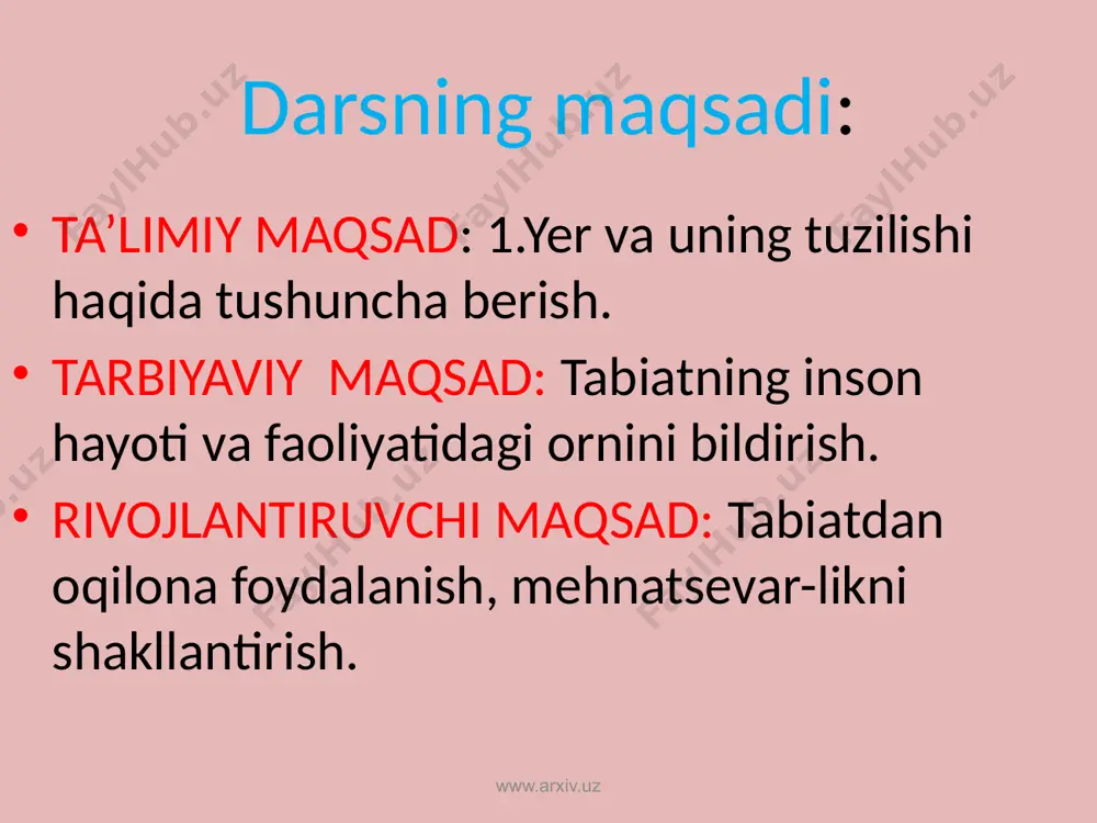 br d)8-mart www.arxiv.uz yangi mavzuning bayoni. yer-sayyora.yer yuzasining tuzilishi. savollar. 1.yer quyosh atrofida aylanadimi? 2.yerning yo’doshi nima? 3.yerning tuzilishi qanday? www.arxiv.uz yer quyosh atrofida 365 kunda bir marta aylanib chiqadi.bu- 1yil bo’ladi quyosh –bu olovli shar www.arxiv.uz 7 1sutka –24 soat yer o’z o’qi atrofida quyoshga nisbatan bir kecha –kunduzda, ya’ni 24 soatda bir marta aylanib chiqadi. bunda kecha va kunduz almasha-di. www.arxiv.uz biz yashaydigan yer sayyoramiz boshqa sayyoralar kabi quyosh atrofida aylanadi www.arxiv.uz yerning yuzi- tog’lardan,past-tekslikdan,daryo va okeanlardan,sahro-yu,cho’llardan, o’rmonlardan, muzliklardan iborat. www.arxiv.uz yerning kichraytirilgan maketi-globus deyiladi. yer kosmosdan qaralganda www.arxiv.uz quvnoq daqiqa:topishmoq. hayvonlar nima deydi? uyimda guldor gilam, chiroyli ko’rkam biram. unga boqsam ko’zimga ko’rinadi keng olam. (xarita) ikki yaproq bir tanda, kezar gulzor chamanda. (kapalak) mushuk- .... ,,miyov ,miyov,’’ deb miyovlaydi kuchuk--….. eshak--….. baqa…. qo’y… sigir… g’oz… sichqon… qarg’a… chivin…. ot…. cho’chqa… www.arxiv.uz mavzuni ,,klaster’’yechish usuli orqali mustahkamlash. tabiat nima? www.arxiv.uz odam suv yulduzlar tuproq va ha.kazo quyosh …