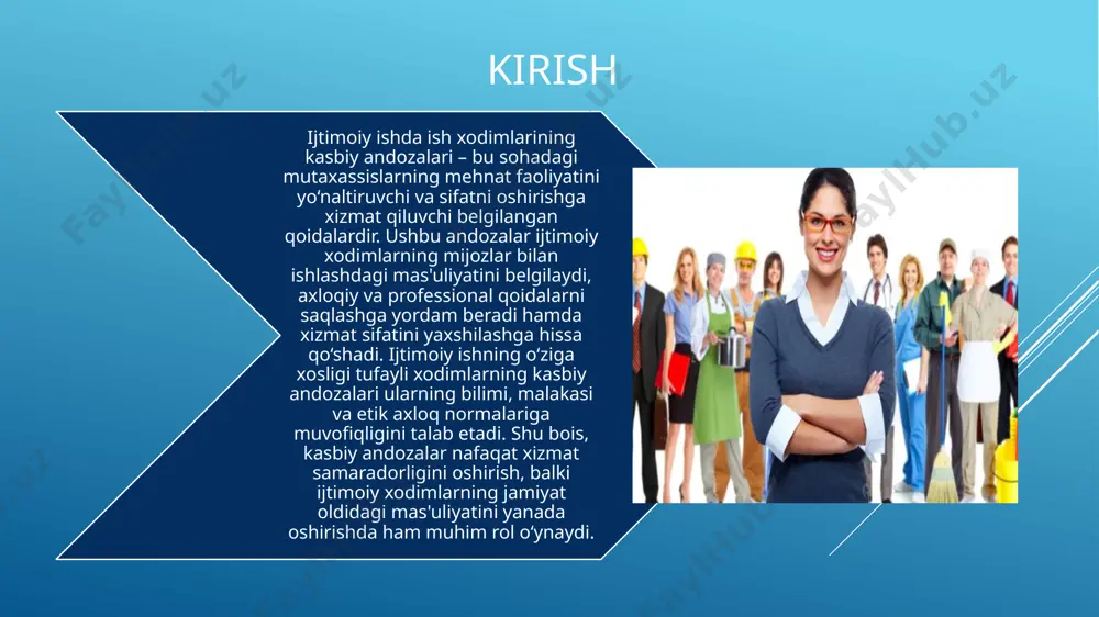 yordam beradi hamda ular bajarayotgan xizmatni yanada sifatli va ishonchli qiladi. kasbiy andozalar ijtimoiy xodimlarni doimiy o‘qitish va rivojlantirishni ham o‘z ichiga oladi. bu esa nafaqat xodimlar o‘z kasbiy mahoratini oshirishi, balki ular jamiyatga ko‘rsatayotgan xizmatning ta'sirchanligi va samaradorligini oshirishga ham yordam beradi. shu bilan birga, andozalar xodimlarning o‘zlari uchun aniq yo‘nalish berib, muammolarni hal qilishda asosiy axloqiy va kasbiy mezonlarni taklif qiladi. kasbiy andozalarning ahamiyati shundaki, ular xodimlarning ish sifatini oshirishga, mijozlarga ko‘rsatiladigan xizmatlarning samaradorligini ta’minlashga va axloqiy me’yorlarga rioya qilishga yordam beradi. asosiy maqsadlari: sifatni ta'minlash – xizmat ko‘rsatish darajasini yaxshilash va barqaror sifatni kafolatlash. mas'uliyatni oshirish – xodimlarning axloqiy va kasbiy javobgarligini mustahkamlash. ishonchni shakllantirish – mijozlar va jamiyat oldidagi ishonchni oshirish va ishonchli muhit yaratish. professional rivojlanish – xodimlarni doimiy ravishda o‘qitish va kasbiy o‘sishga undash. kasbiy andozalar ushbu sohada faoliyat yuritayotgan har bir xodim uchun muhim yo‘riqnoma va mas’uliyat omilidir. xodimlarning kasbiy andozalariga qo‘yiladigan asosiy …