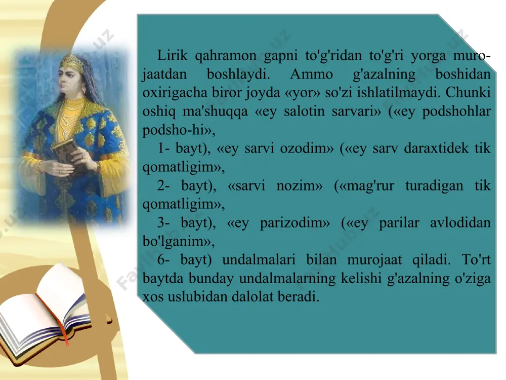 m selidan bu imorat vayron bo 'idi (matla). ko 'ylagimning choki dilimning dog 'ini oshkor qildi, oqibatda ko 'nglimdagi ishq yarasi pinhon qolmadi (2- bayt). «vafo qilaman», — deb ahd-upaymonlar qilgan edi,(ammo) vafoni tark etdi, oqibatda uning ahdi yolg 'on bo 'lib chiqdi (3- bayt). «visoli etagini tutarman», — deb orzu qilgan edim, oqibatda hajr qo 'lida yoqa bo 'lak-bo 'lak bo 'idi (4- bayt). ey zohid, ishq-u muhabbat ahlini kechir, (axir), yor ko'yida oqibatda shayx san'on nima bo'idi? (5- bayt). bas, ko 'zyoshi gavhari o 'rniga yuragim qon bo 'idi, oqibatda ko 'zlarimdan qatra-qatra marjon(dek yosh) tomdi (6- bayt). ohkim, xursandligim tongi yana g'am shomi bo 'idi, oqibatda uporloq quyosh yuzini yashirdi (7- bayt). garchi devlar sulaymon farmoniga bo'ysungan bo'lsa ham, oqibatda (oxirida) uning o'zi chumolilar to'dasi oyog'i ostida toptaldi (8- bayt). nodira, bulbul kabi to nolamni yozib ulgurganimga qadar oqibatda navbahor o 'tib, guliston xazon bo 'idi (maqta). …