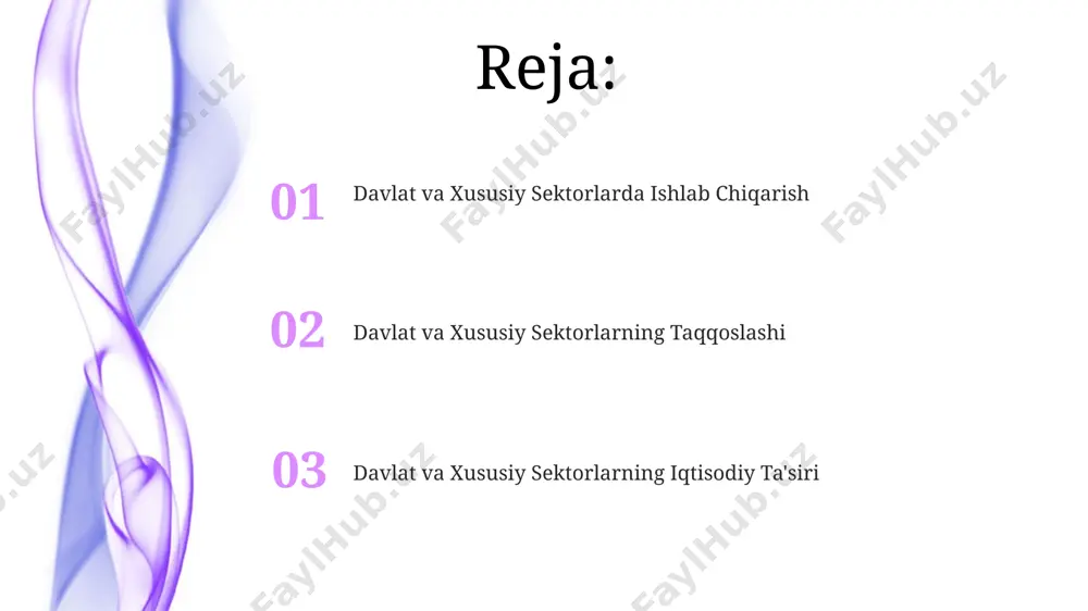etadi va 7 milliondan ortiq ish o'rnini ta'minlaydi, bu mamlakat iqtisodiyoti uchun muhim ahamiyatga ega ekanligini ko'rsatadi. kelajakda davlat va xususiy sektorning rivojlanishi xorijiy investitsiyalarni jalb qilish orqali 2035-yilga qadar qashqadaryo viloyatida 10 ta yirik sanoat korxonasi qurilishi va bu mintaqaning iqtisodiy salohiyatini 3 baravar oshirishi prognoz qilinmoqda. kelajakda oʻzbekistonning davlat sektorida raqamli texnologiyalarni joriy etish 2030-yilga borib 50% ga oshishi va bu samarqand kabi yirik shaharlarning iqtisodiy rivojlanishiga sezilarli taʼsir koʻrsatishi kutilmoqda. davlat va xususiy sektor o'rtasidagi farqlar xususiy sektor, misol uchun, toshkent shahridagi it kompaniyalarida innovatsiyalarni jadal rivojlantirishda etakchi boʻlsa, davlat sektorida byurokratik jarayonlar tufayli 3-5 yillik loyihalarni amalga oshirish odatiy hol. 2023 yilgi maʼlumotlarga koʻra, samarqand viloyatida davlat sektorining byudjeti xususiy sektorning jami yalpi mahsulotiga nisbatan 2 barobar katta, ammo iqtisodiy samaradorlik jihatidan xususiy sektor tezroq rivojlanmoqda. e'tiboringiz uchun rahmat @taqdimot_robot image4.jpg image5.jpg image6.jpg image7.jpg image8.jpg image9.jpg image1.jpeg image2.jpeg image3.jpeg