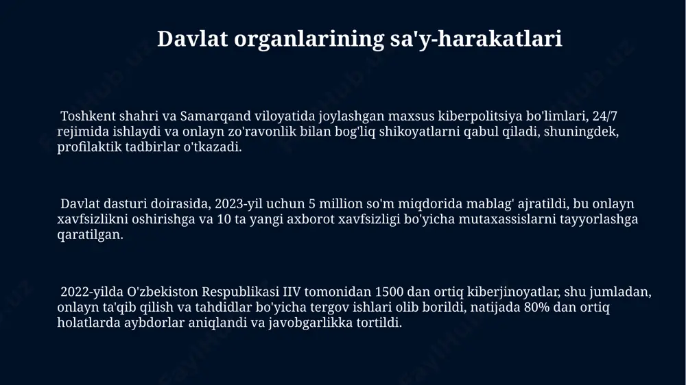 ўтказилган тадқиқотлар 1500 дан ортиқ киберхужум ҳолатини аниқлади, бунинг 40%и ҳуқуқни муҳофаза қилиш органлари томонидан тергов қилинган. ўзбекистон республикасининг “ахборотлаштириш тўғрисида”ги қонунининг 12-моддаси киберхукумронлик ва онлайн таҳдидларга қарши курашиш чораларини белгилаб, жавобгарликни 3 йилгача озодликдан маҳрум этиш билан белгилайди. raqamli tajovuzning sabablari o'smirlar orasida raqamli tajovuzning keng tarqalgan sababi, 13-17 yosh oralig'idagi bolalar orasida o'z-o'zini ifoda etish qiyinchiliklari va tengdoshlar bosimi, ayniqsa, rivojlangan mamlakatlarning yirik shaharlarida kuzatiladi. raqamli tajovuzning sabablaridan biri, 2023-yil ma'lumotlariga ko'ra, ijtimoiy tarmoqlarda anonimlik hissi va shaxsiy ma'lumotlarning yetarli darajada himoyalanmaganligi hisoblanadi, bu esa aqsh va yevropa mamlakatlarida tajovuzning ko'payishiga olib kelmoqda. 2022-yilgi tadqiqotlar shuni ko'rsatdiki, raqamli tajovuzning yana bir muhim sababi, internetda zo'ravonlik va nafratni targ'ib qiluvchi kontentning ko'payishi hisoblanadi, bu esa, masalan, janubi-sharqiy osiyo davlatlarida tajovuz darajasining oshishiga hissa qo'shmoqda. ota-onalar uchun tavsiyalar фарзандингизга онлайн хавфсизлик қоидаларини ўргатинг, жумладан, шахсий маълумотларини 3-чи шахсларга бермаслик ва онлайн таҳдидлар ҳақидаги маълумотларни тошкент шаҳридаги мактабларда ўргатиладиган курсдан олиш …