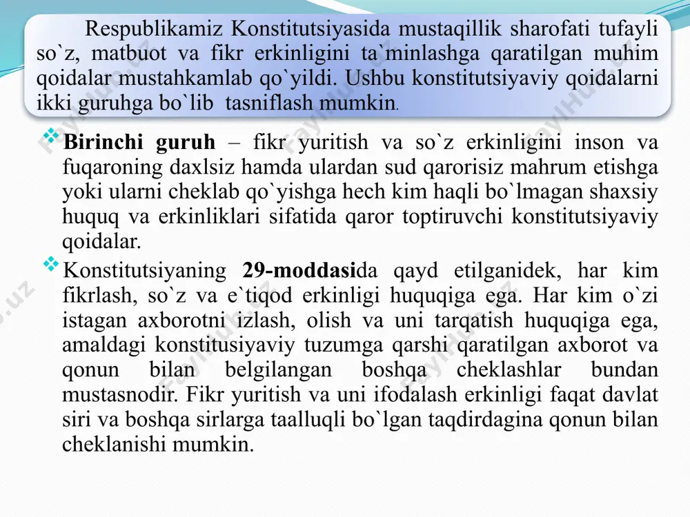 katimizda o‘tgan yillar davomida ommaviy axborot vositalarini liberallashtirish, so‘z erkinligini ta’minlashga qaratilgan demokratik talab va standartlarga to‘la mos keladigan mustahkam qonunchilik bazasi yaratildi. fuqarolik jamiyatining muhim tarkibiy instituti sifatida ommaviy axborot vositalarining mavqeini belgilashda, ularning davlat hokimiyati organlari bilan munosabatlari qaysi yo‘nalishlar asosida amalga oshirilishini aniqlab olish muhim ahamiyat kasb etadi. mamlakatimizda ushbu munosabatlar quyidagi yo‘nalishlar bo‘yicha yuzaga kelayotganligini ko‘rsatib o‘tish mumkin: - - birinchidan, davlat jamiyat hayotining eng muhim masalalari bo‘yicha yuzaga keladigan ijtimoiy munosabatlarni muayyan huquq normalari yaratish orqali tartibga solib boradi. oav ham o‘z faoliyatini muayyan huquq normalari asosida amalga oshiradi. davlat bunda oavni tashkil etish, tugatish, ular faoliyatini litsenziyalash va kafolatlash kabi masalalarga oid huquq normalarini belgilab beradi. ikkinchidan, bozor iqtisodiyoti sharoitida oav mulkchilikning turli xil shakllari ko‘rinishida tashkil etiladi hamda ular bozor qonuniyatlari asosida faoliyat yuritadilar. shu bilan birga, davlat oavning barqaror faoliyat yuritishi hamda muayyan ijtimoiy funk­tsiyalarni amalga oshirishlari uchun ularga har tomonlama yordam …
