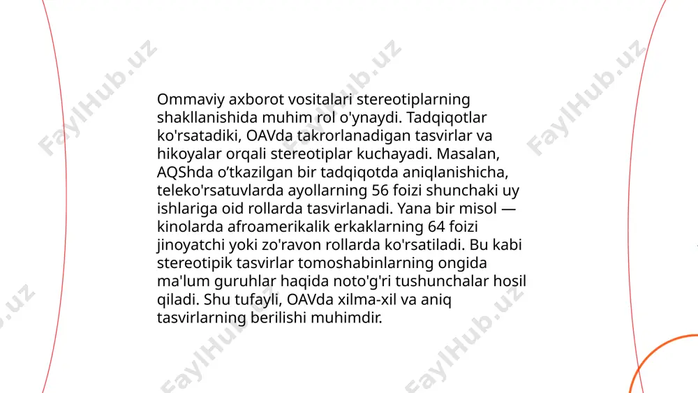 orga tushmoqda. statistika ko'rsatishicha, har to'rt nafar o'smirning bir nafari kiberbezorilikka duch keladi. internet foydalanuvchilarining 20-40 foizi kiberbezorlikning turli shakllariga uchrab, bu ularning ruhiy holatiga salbiy ta'sir qiladi. 2018-yilda o'zbekistonda o'tkazilgan tadqiqotlarda ishtirok etganlarning 30 foizi internet orqali tahqirlanish yoki tahditlarga duch kelganlarini ma'lum qilishgan. shu sababli raqamli xavfsizlikni oshirish va kiberbezorilikka qarshi choralar ko'rish muhimdir. ota-onalar va o'qituvchilar bolalar bilan bu mavzuda ochiq muloqot o'rnatishlari zarur. ... t.me/slaydai_bot internetda yolgʻon maʼlumotlar va dezinformatsiya keng tarqalgan muammo bo'lib, har yili minglab noto'g'ri axborot tarqatiladi. 2021-yilda pew research center ma'lumotlariga ko'ra, insonlar internetda ko'rgan yangiliklarning 64%iga yorqin ishonch bildirmaydi. ko‘pgina ijtimoiy tarmoqlar, jumladan, facebook va twitter, yolgʻon maʼlumotlar tarqalishini kamaytirish uchun bir qancha chora-tadbirlarni amalga oshirmoqda. biroq, har kuni ijtimoiy media platformalarida milliardlab yangi postlar bilan bu muammo dolzarb bo‘lib qolmoqda. internetda berilgan ma'lumotlarning taxminan 10% ga yaqini noto'g'ri yoki chalg'ituvchi bo'lishi mumkin. shu sababli, foydalanuvchilar axborotni tekshirish va manbalarni baholashda …