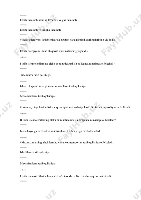 langan o‘tkazgichlardan foydalanadi? ==== po‘lat o‘tkazgichlar. ==== izolyasiyalangan alyuminiyli o‘tkazgichlar. ==== #hllarda izolyasiyalanmagan, alyuminiy va po‘latalyuminiy o‘tkazgichlar. ==== mis o‘tkazgichlar. ++++ pasaytiruvchi podstantsiyalar nima uchun xizmat qiladi? ==== elektr energiyani o'zgartirish uchun ==== #elektr energiyasini qabul qilish, o'zgartirish va taqsimlash uchun ==== elektr energiyani taqsimlash uchun ==== elektr energiyasini qabul qilish va taqsimlash uchun ++++ taqsimlovchi podstantsiyalari nima uchun xizmat qiladi? ==== elektr energiyani o'zgartirish uchun ==== elektr energiyani taqsimlash uchun ==== #elektr energiyasini qabul qilish va taqsimlash uchun ==== elektr energiyani qabul qilish va o'zgartirish uchun ++++ transformator podstantsiyalarni qaerga joylashtirish maqsadga muvofiq bo'ladi? ==== ixtiyoriy bo'sh joyga ==== #elektr yuklamalar markaziga ==== elektr energiyasini taqsimlash chegarasiga ==== korhona hududining chegarasiga ++++ taqsimlovchi punktlarini qaerga joylashtirish maqsadga muvofiq bo'ladi? ==== elektr yuklamalar markaziga ==== #elektr energiyasini taqsimlash chegarasiga ==== ixtiyoriy bo'sh joyga ==== korhona devoriga yaqin joyga ++++ elektr yuklamalari kortagrammasi nimani ko'rsatadi? ==== korxona bosh plandagi doirasini ==== …