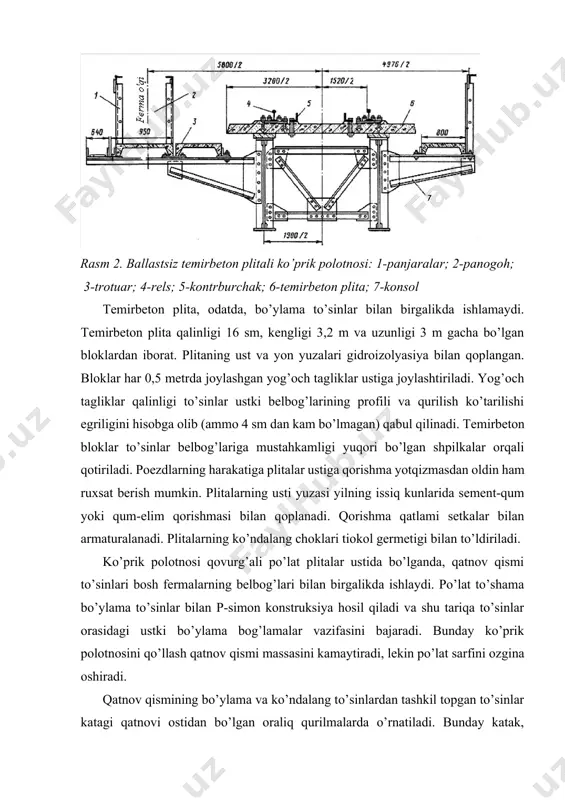larning ko’ndalang to’sinlar ustida qavatli joylashishi oraliq qurilmalarning qurilish balandligini oshiradi, tayanchlar balandligini kamaytiradi va odatda qatnovi ustidan bo’lgan oraliq qurilmalarda qo’llaniladi. rasm 3. qatnov qismi to’sinlarining joylashishi: 1-bo’ylama to’sin; 2- ko’prik polotnosi; 3-bosh ferma; 4-ko’ndalang to’sinlar zamonaviy oraliq qurilmalarning bo’ylama (rasm 4) va ko’ndalang (rasm 5) to’sinlari vertikal taxta (devor) va ikki gorizontal taxta (belbog’) dan tashkil topgan payvandlangan ikki tavrdan iborat. to’sinlarning balandligi oraliq uzunliklarining 1/5 -1/7 qismiga teng. to’sin devorlarining qalinligi 12 mm dan kichik bo’lmaydi. agar to’sin devorining qalinligi uning balandligining 1/50 qismidan kichik bo’lsa, unda bu devor egilishda bo’lishi mumkin bo’lgan mahalliy turg’unligini yo’qotilishiga qarshi vertikal bikirlik qovurg’alari bilan kuchaytiriladi. siqilishga ishlaydigan belbog’ning kengligi belbog’ qalinligining 20 baravaridan katta va 20 mm dan kichik bo’lmaydi. bo’ylama to’sinlarning o’qlari orasidagi masofa 1,9 m dan katta bo’lmaydi. bo’ylama to’sinlar orasidagi bog’lamalar to’sinlarning umumiy turg’unligini ta’minlash va ularning yuk ostida bir tekisda egilishi uchun xizmat qiladi. bo’ylama bog’lamalar …
