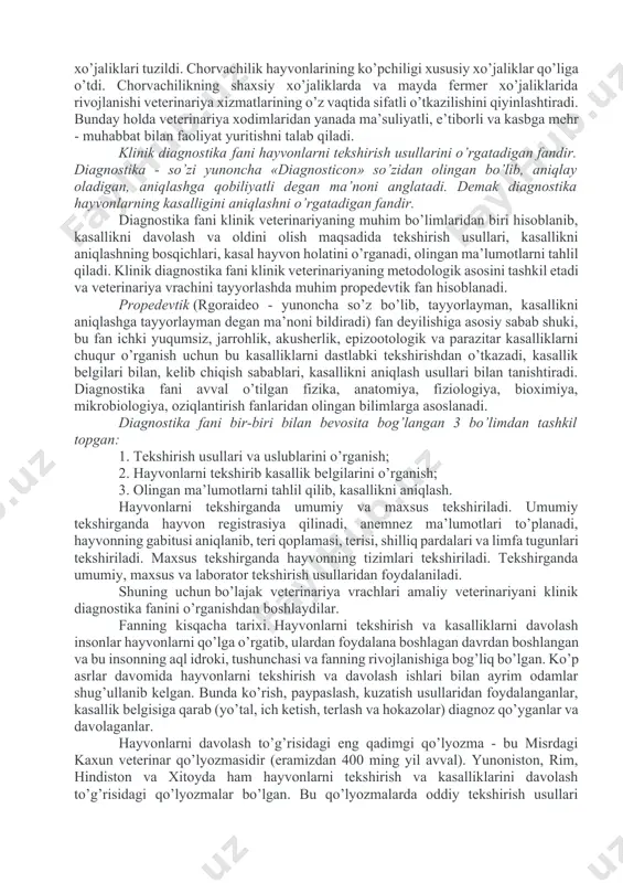 arda bu sigirlardan yiliga 2-2,5 ming litr sut sog’ib olinmoqda. demak, biz sut berishni genetik potensialining 40-50 foizidan foydalanayapmiz. agarda xo’jaliklar sigirlarning bosh sonini ko’paytirmasdan, xo’jalikdagi sigirlarni oziqa bilan ta’minlashni, saqlash sharoitini yaxshilab, talab darajasiga ko’tarsalar, sut mahsulotini 50-60 foizga oshirishlari mumkin; - hayvonlarni oziqlantirish va saqlash sharoitlarini yaxshilash. - chorvachilikning hamma tarmoqlarini rivojlantirish va hokazolar. veterinariya hodimlarining asosiy vazifalari qo’yidagilardan iborat: - yuqumli kasalliklarning kelib chiqishini maksimal kamaytirish uchun hamma joyda veterinariya xodimlari tomonidan yuqumli kasalliklarga qarshi kurashish rejalarini bajarish shart deb hisoblanishi kerak. bu ishlarni bajarmasdan turib, chorvachilikni rivojlantirish, inson sog’ligini saqlash mumkin emas. buning uchun hamma profilaktik vositalaridan unumli foydalanish shart; - chorvachilik xo’jaliklarining sanitariya holatini yuqori darajaga ko’tarish chora-tadbirlarini ko’rish; - veterinariya laboratoriyalarining yuqumli va yuqumsiz kasalliklarga diagnoz qo’yish imkoniyati va vositalarini yaxshilash; - hayvonlarning brusellyoz va tuberkulyoz kasalliklari bilan kasallanmasliklari chorasini ko’rish lozim. agarda xo’jalikda shu kasalliklar bo’lsa, uni tezda tugatish chora-tadbirlari ishlab chiqilib, amalga …
